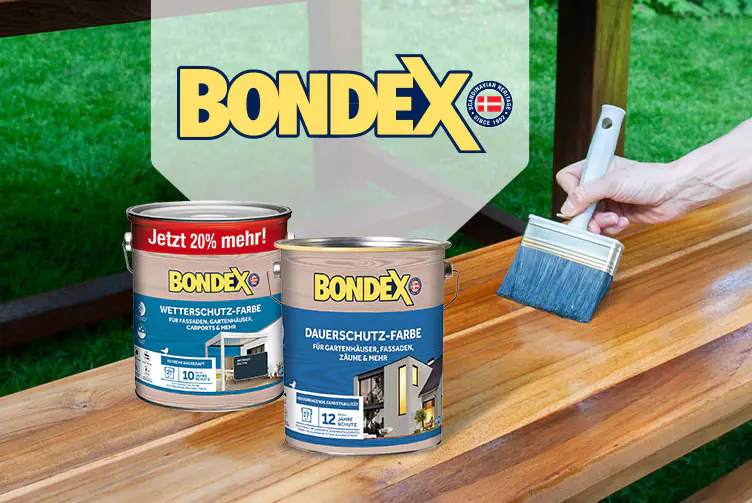 BONDEX Wetterschutz- und Dauerschutz-Farbe auf einer Holzbank, „Jetzt 20% mehr!“, während die Bank mit einem Pinsel gestrichen wird.