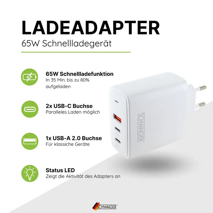 Schwaiger Schnell-Ladeadapter 65 W  2x USB C 1x USB A weiß