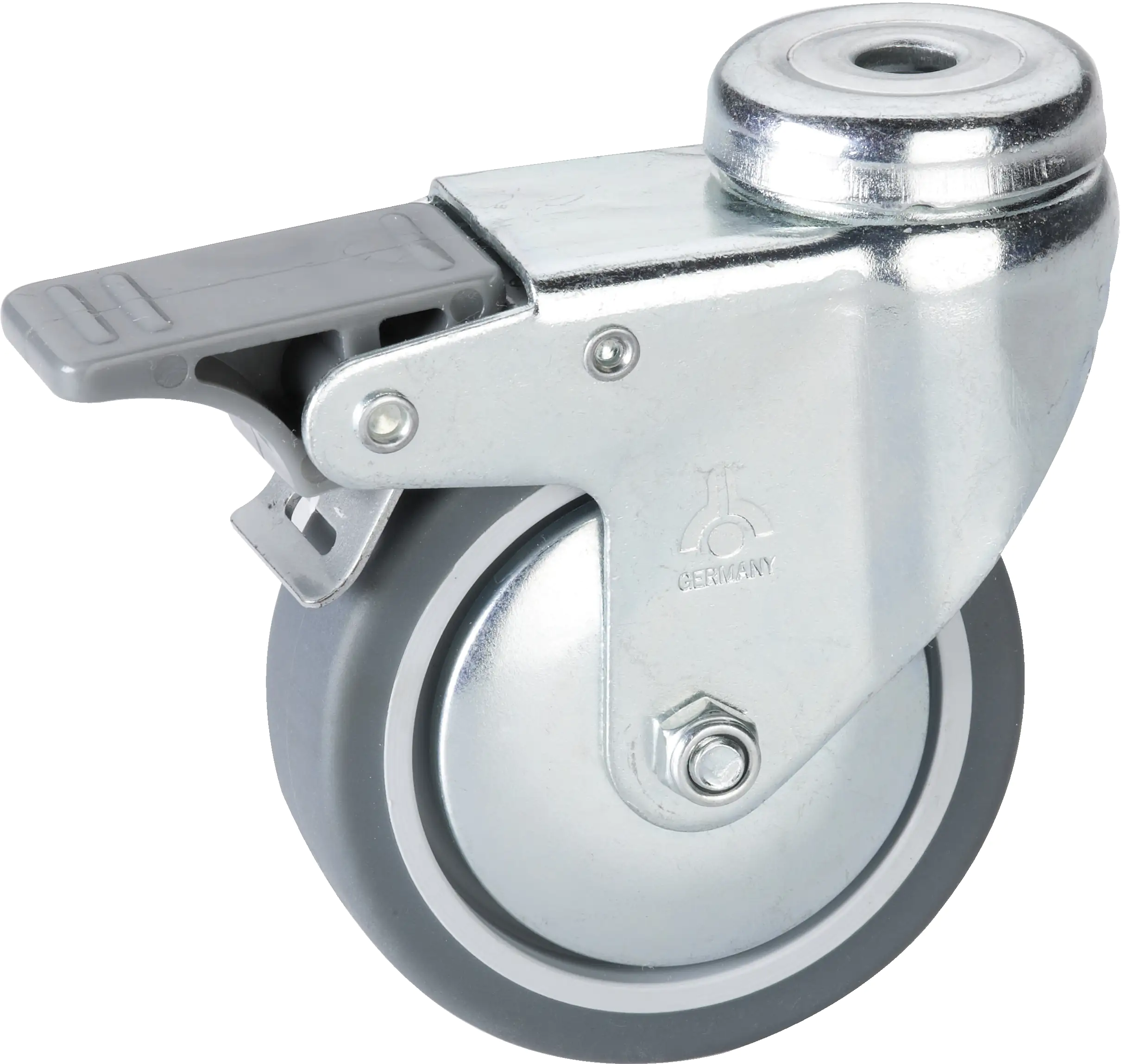 Lenkrolle mit Rückenloch und Totalfeststeller 100 x 25 mm, Tragkr. 55 kg Lenkrolle mit Rückenloch und Totalfeststeller 100 x 25 mm, Tragkr. 55 kg