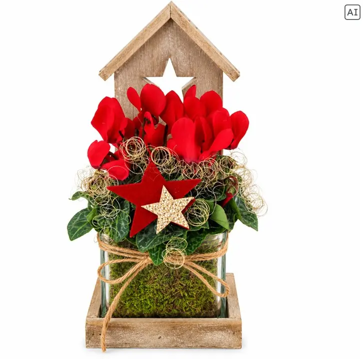Weihnachtliches Arrangement Holzhäuschen bepflanzt