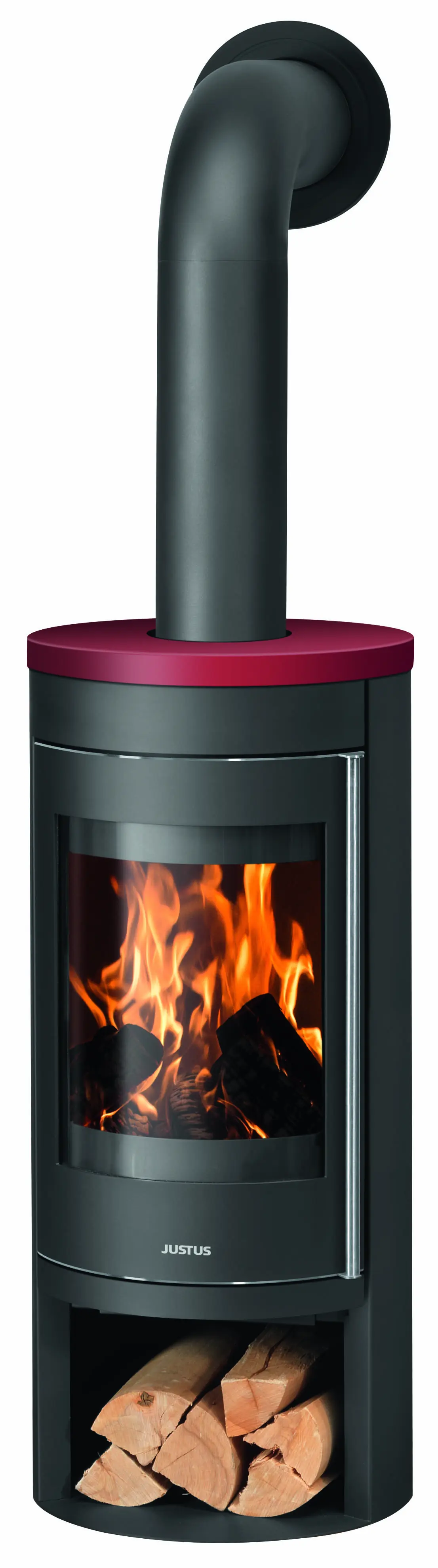 Justus Kaminofen Mino 2.0 Korpus Stahl schwarz mit Abdeckplatte Keramik bordeauxrot 5,5 kW