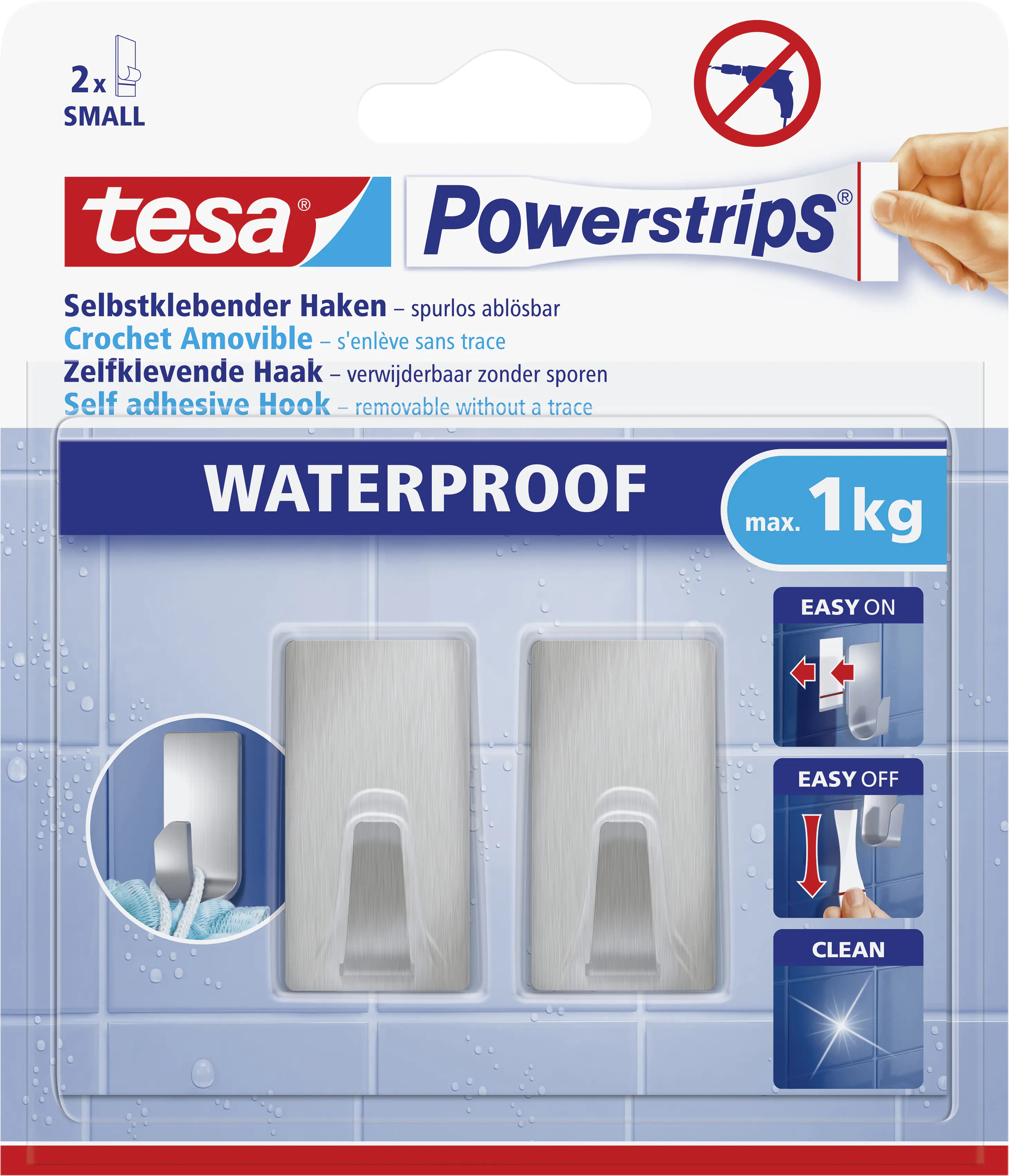tesa Powerstrips Haken Small Waterproof rechteckig, Edelstahl