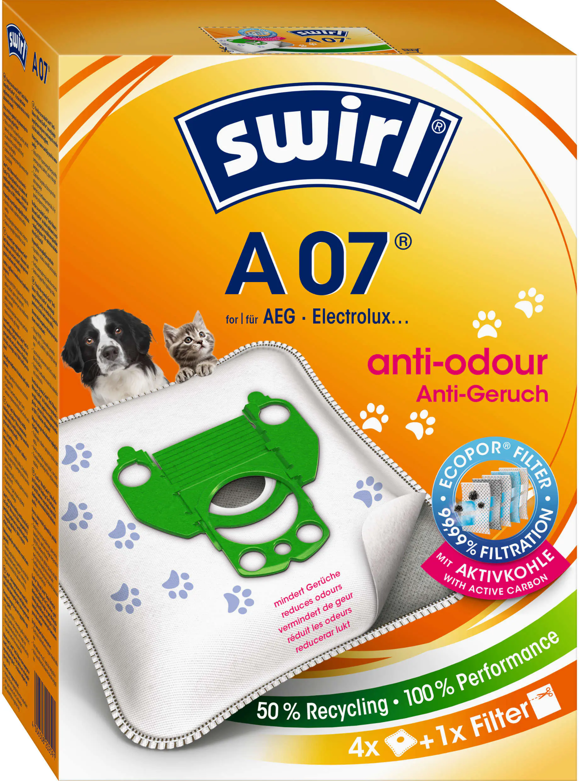 Swirl A 07 EcoPor Anti-Geruch Staubsaugerbeutel 4 Staubbeutel + 1 Filter