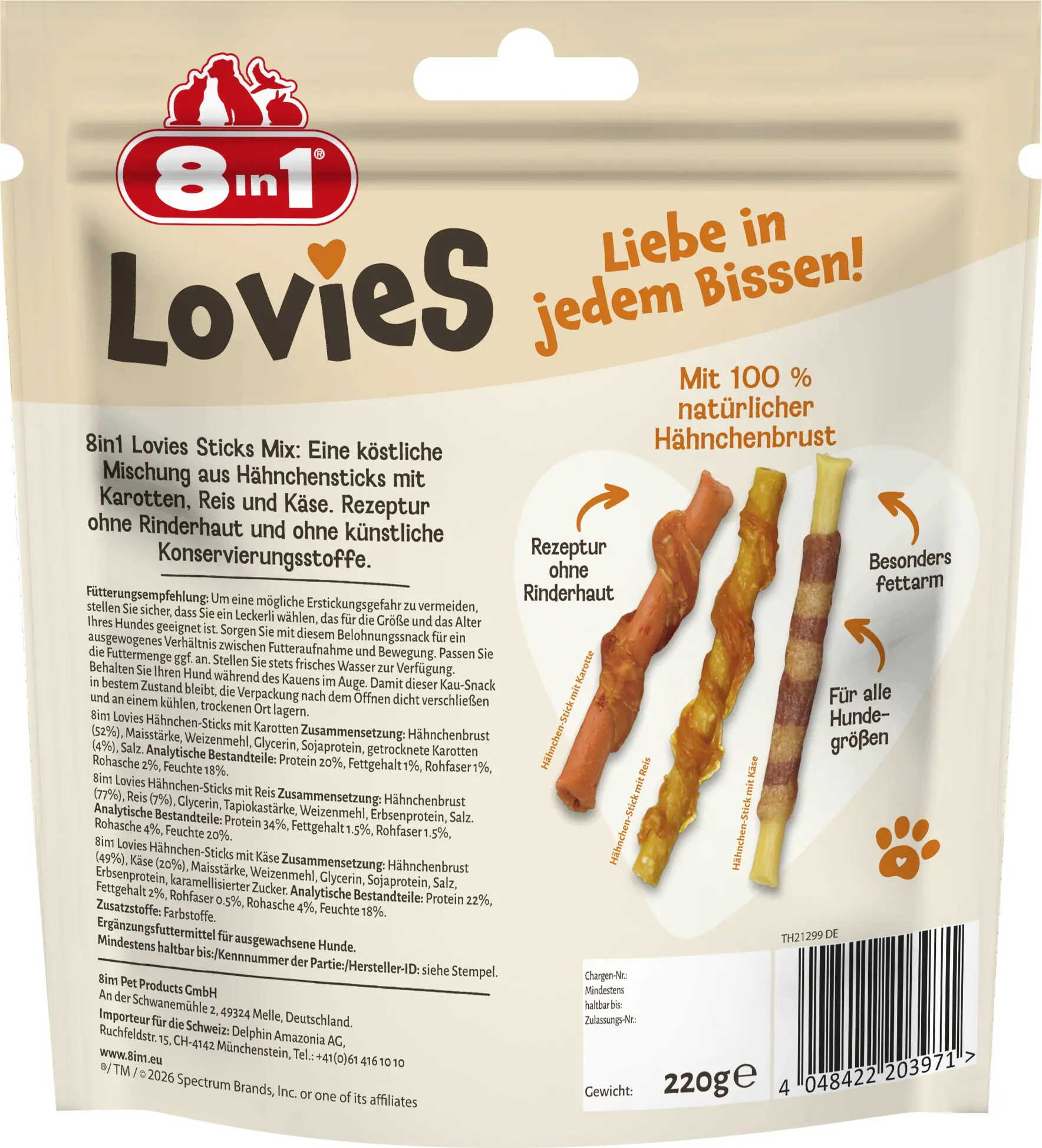 8in1 Hundeleckerli Lovies 220 g Hühnchen-Sticks Mega Pack