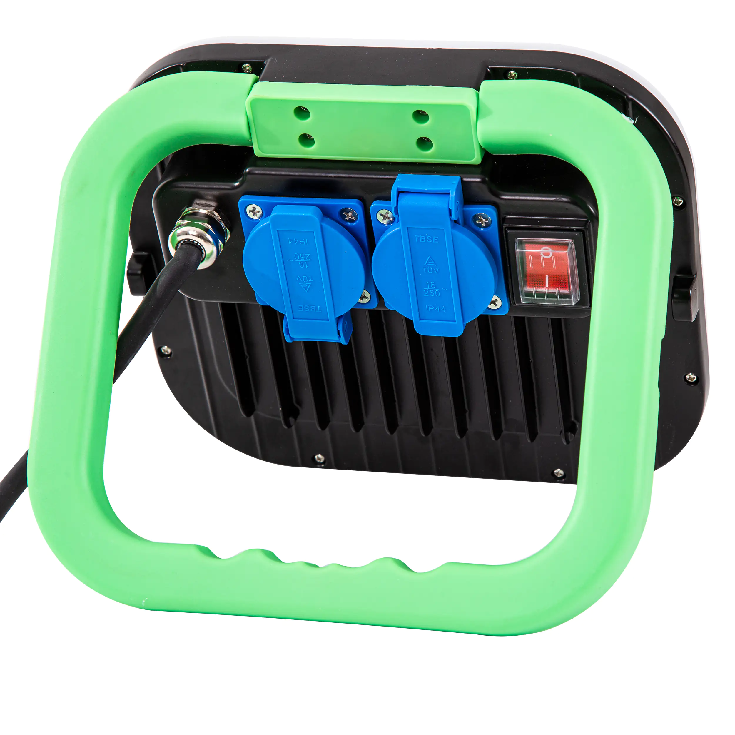 LED Arbeitsleuchte Erik mit zwei Steckdosen, schwarz grün