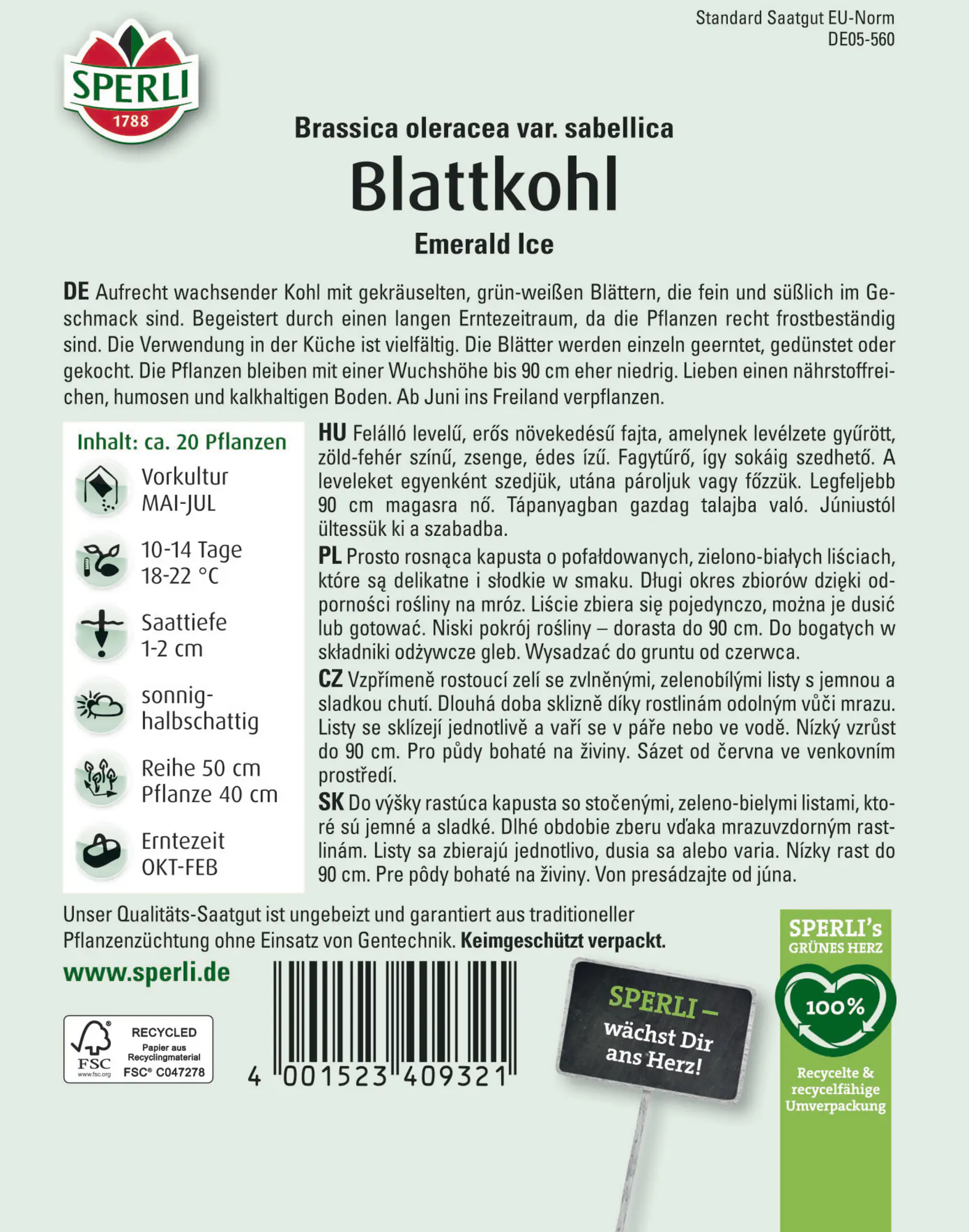 Sperli Saatgut Blattkohl Emerald Ice für ca. 20 Pflanzen