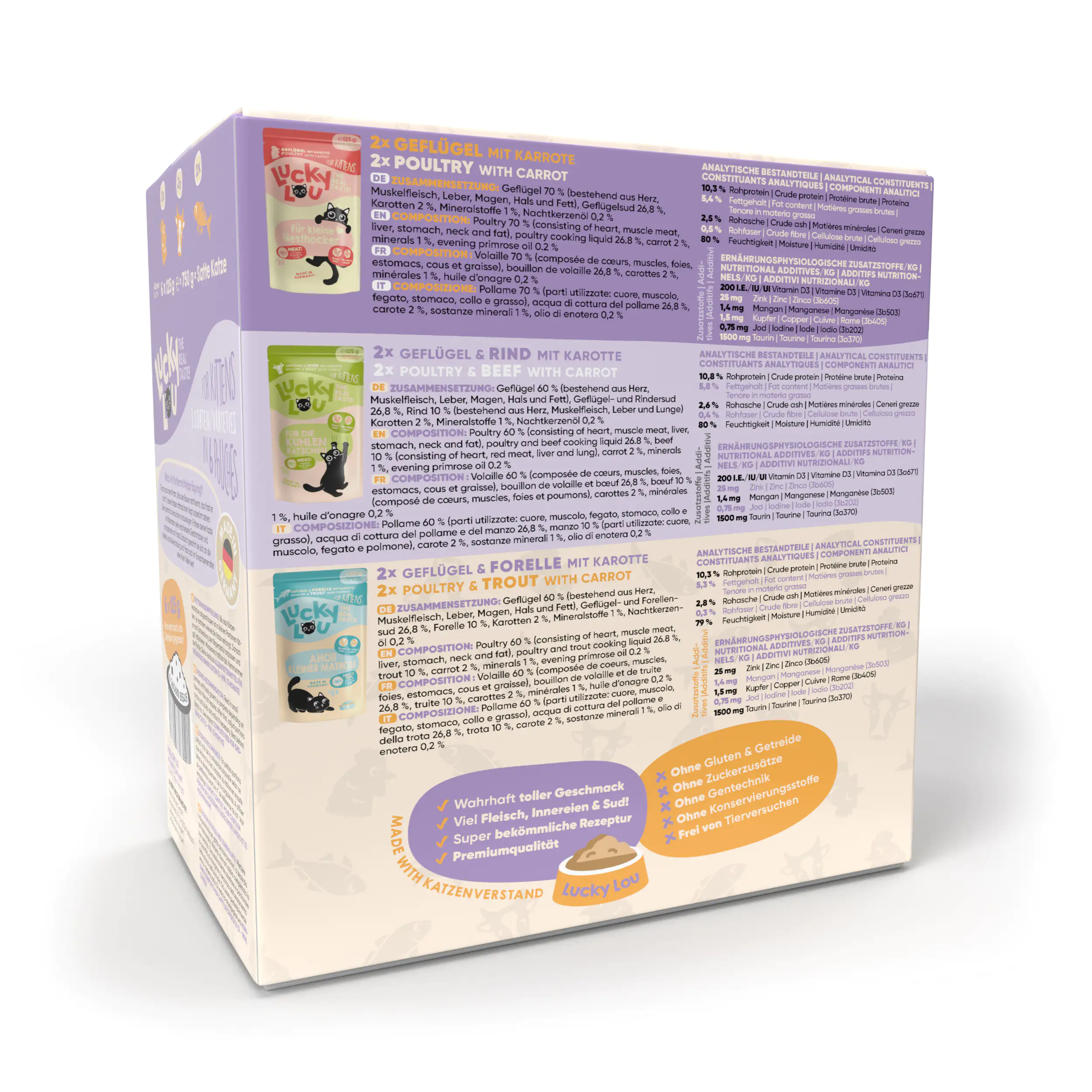 Lucky Lou Kittenfutter Geflügel, Rind, Forelle 6 x 125 g  Lucky Lou Kittenfutter Geflügel, Rind, Forelle 6 x 125 g