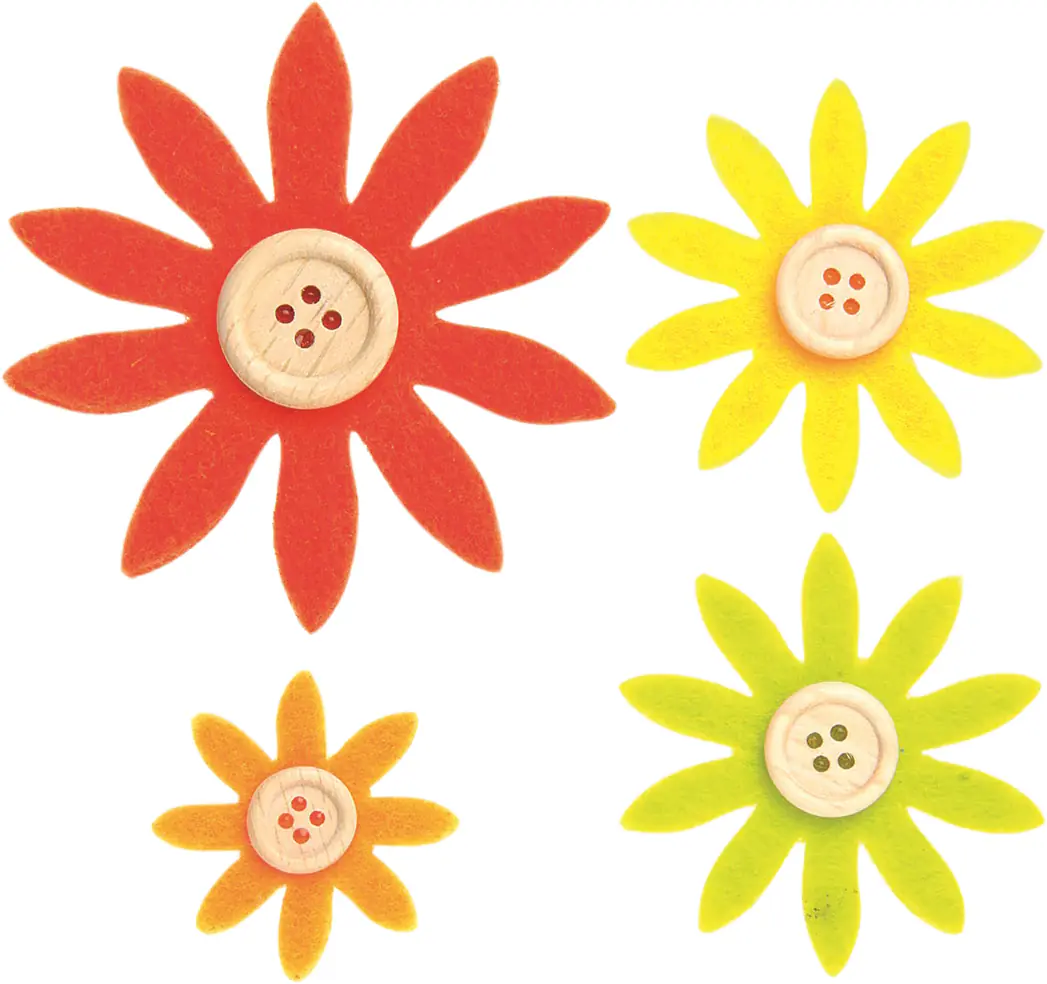 Glorex Filzblumen 12 Stück, 3,5 - 7 cm, gelb, orange, grün