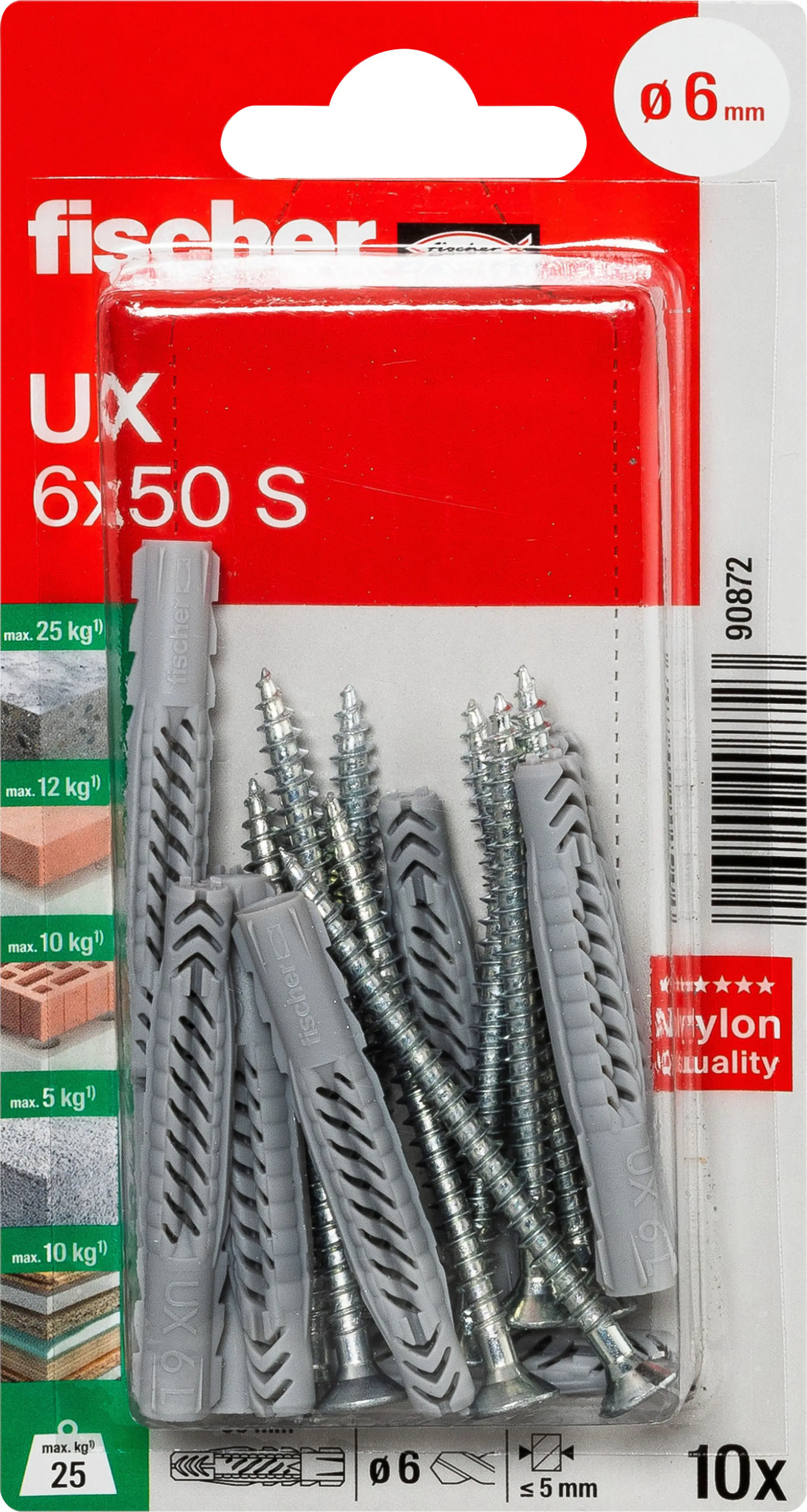 Fischer Universaldübel UX 6 x 50 mm mit Schraube - 10 Stück