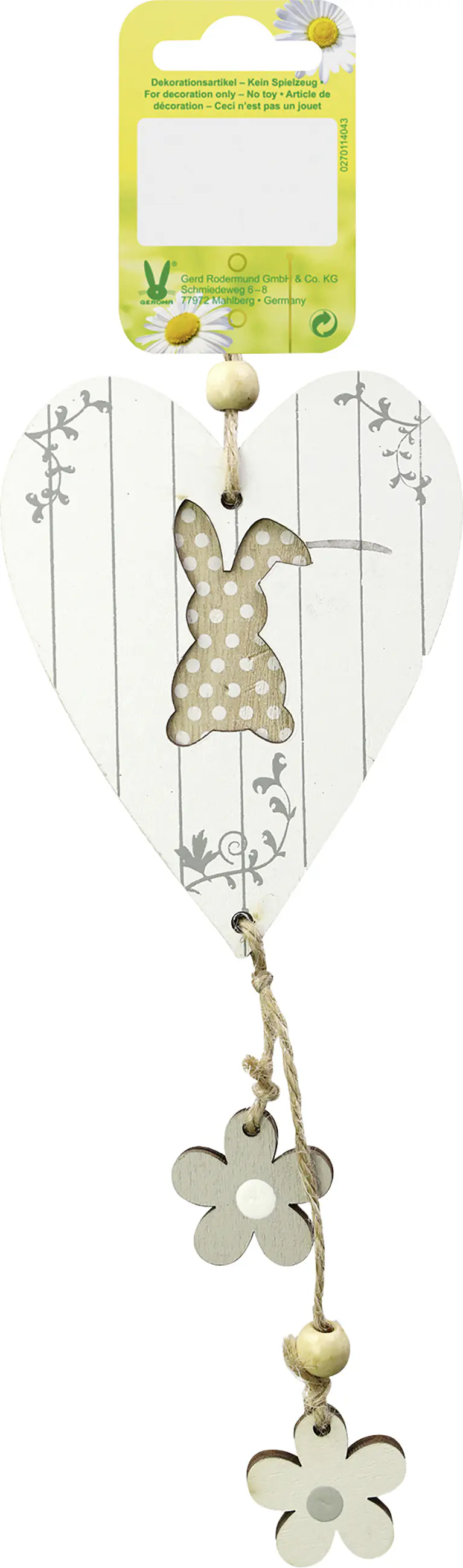 Deko Osteraufhänger Herz Holz 23 x 8,5 cm weiß natur mit Hasenmotiv