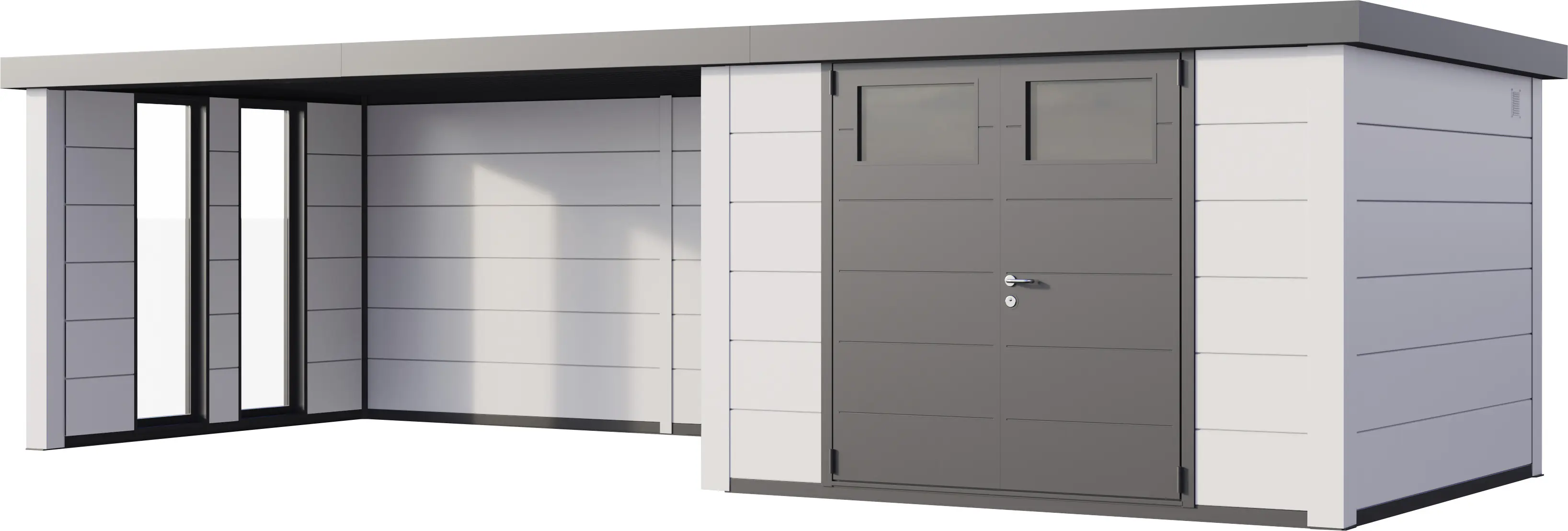 Telluria Gerätehaus Classico Lounge XL mit Fenstern 3030 links EW weiß 762 x 298 cm