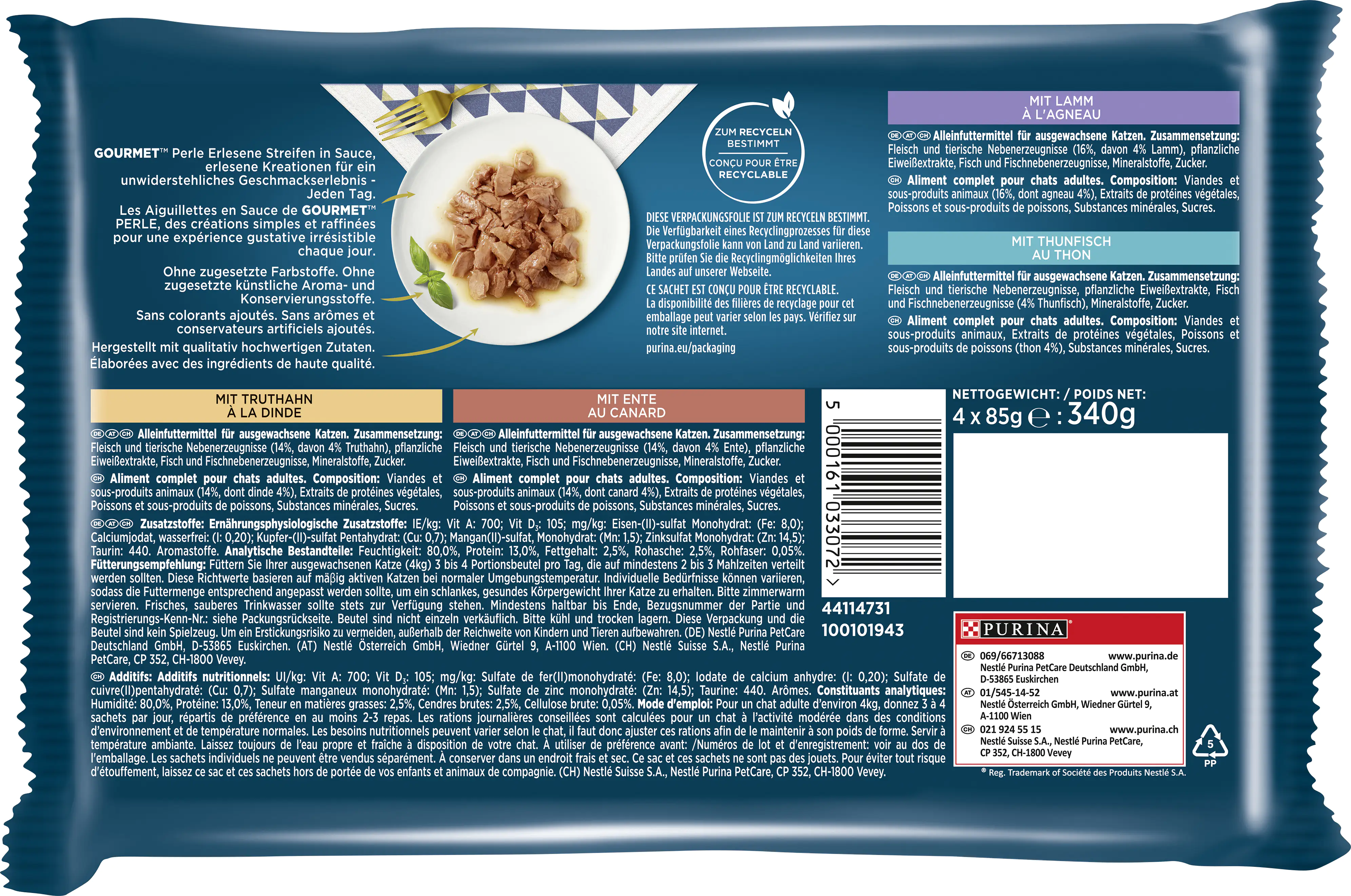Gourmet Perle Erlesene Streifen mit Truthahn Thunfisch Ente Lamm 4x 85g Gourmet Perle Erlesene Streifen mit Truthahn Thunfisch Ente Lamm 4x 85g