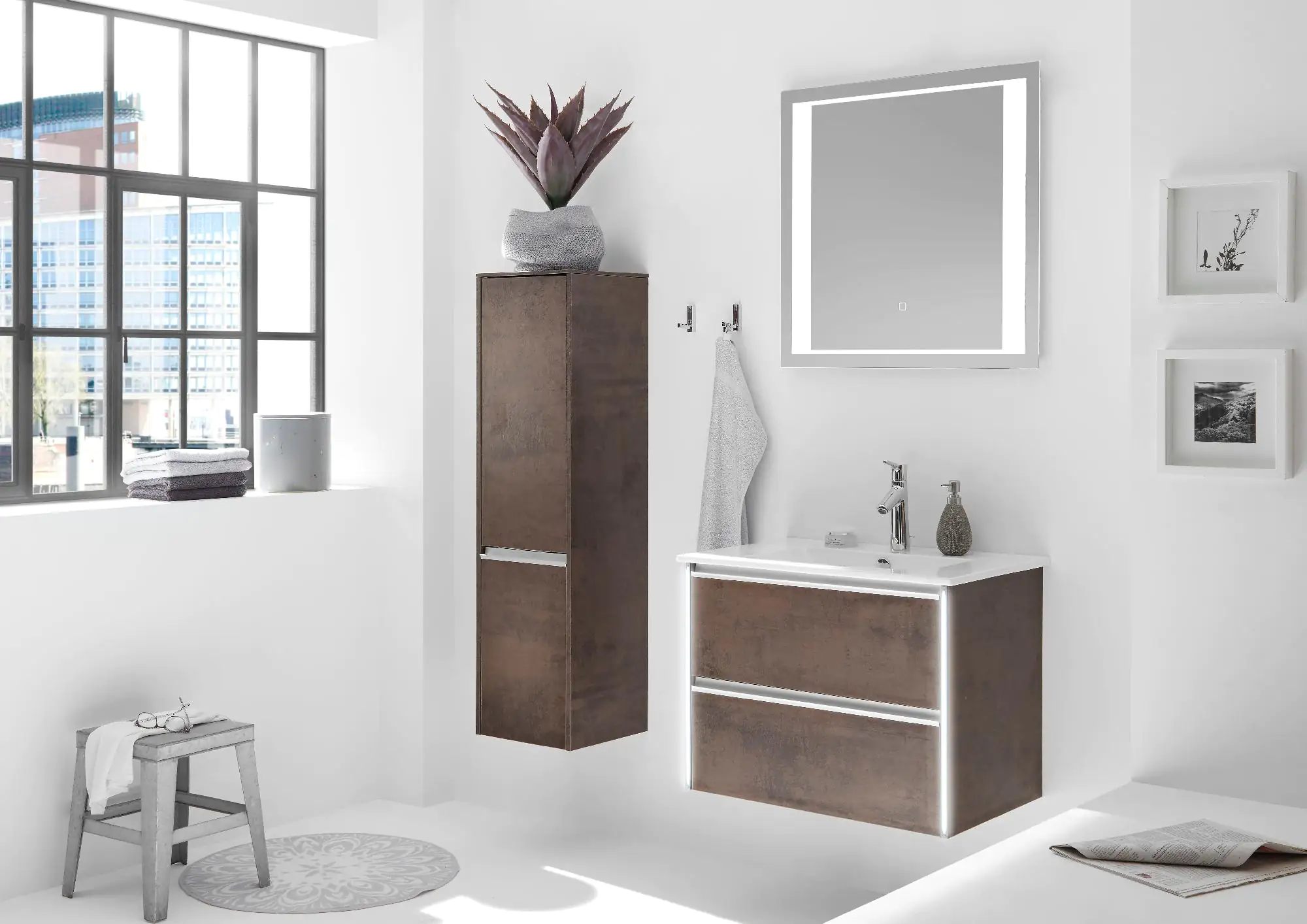 Pelipal Badmöbel-Set 6040 Oxid Ferro quer mit Funktionsspiegel + Midischrank 104 cm