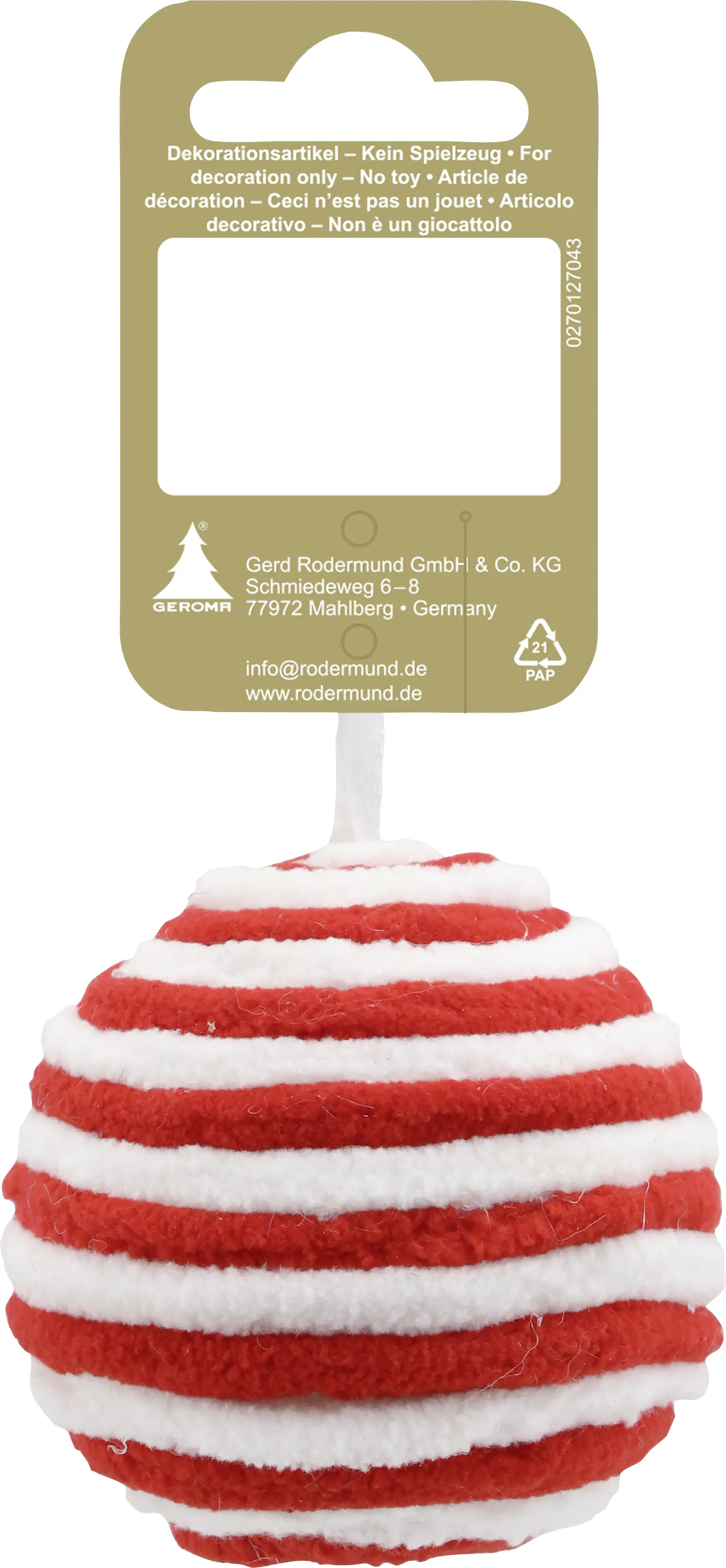 Weihnachtskugel aus Stoff Ø 6 cm weiß/rot