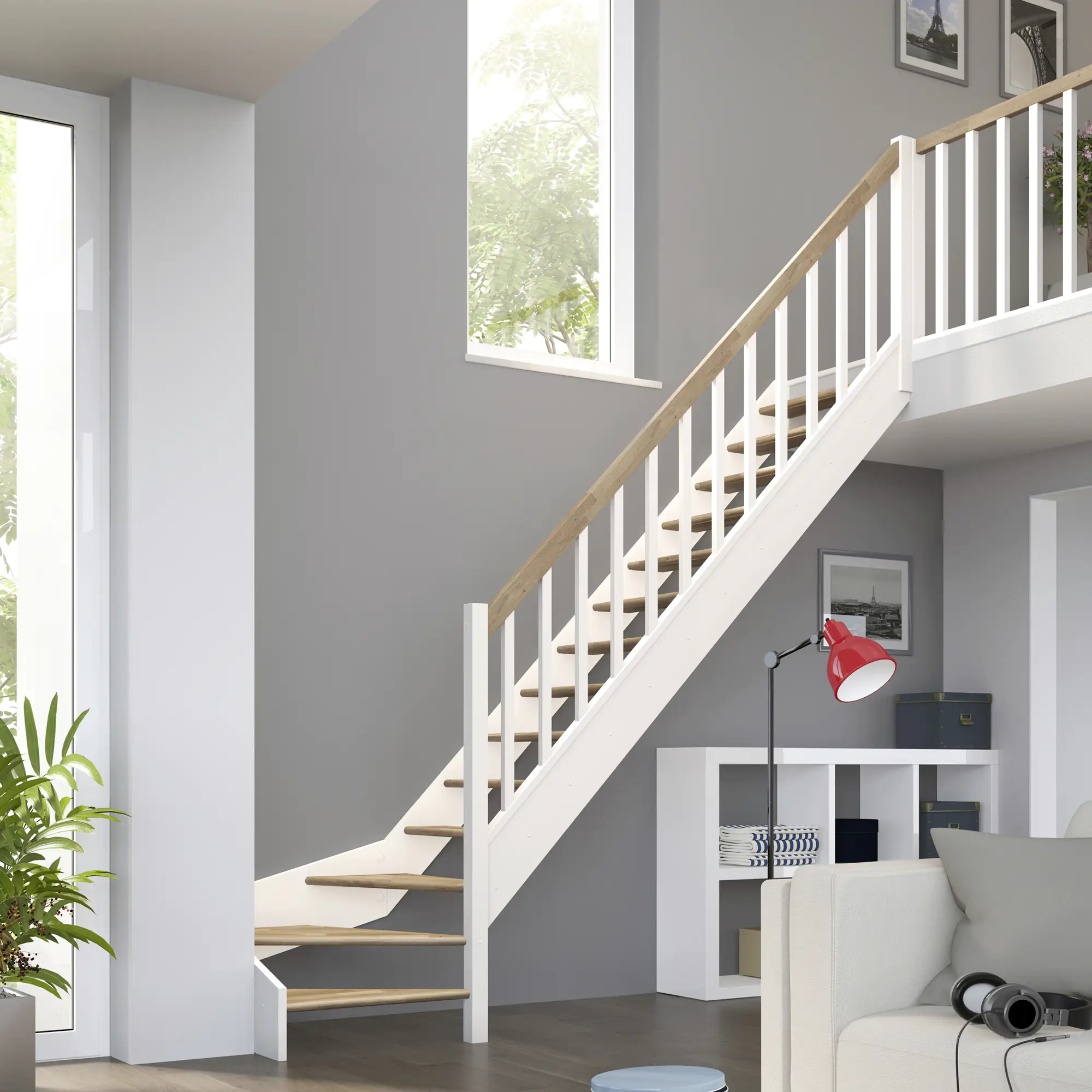 Dolle Raumspartreppen Paris 1/4-gew. Eiche weiß inkl. Geländer