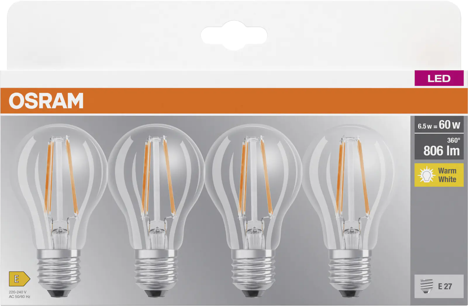 Osram LED Leuchtmittel Base Klassik A60 6,5W, 806lm, 2700K, warmweiß, 4er Pack