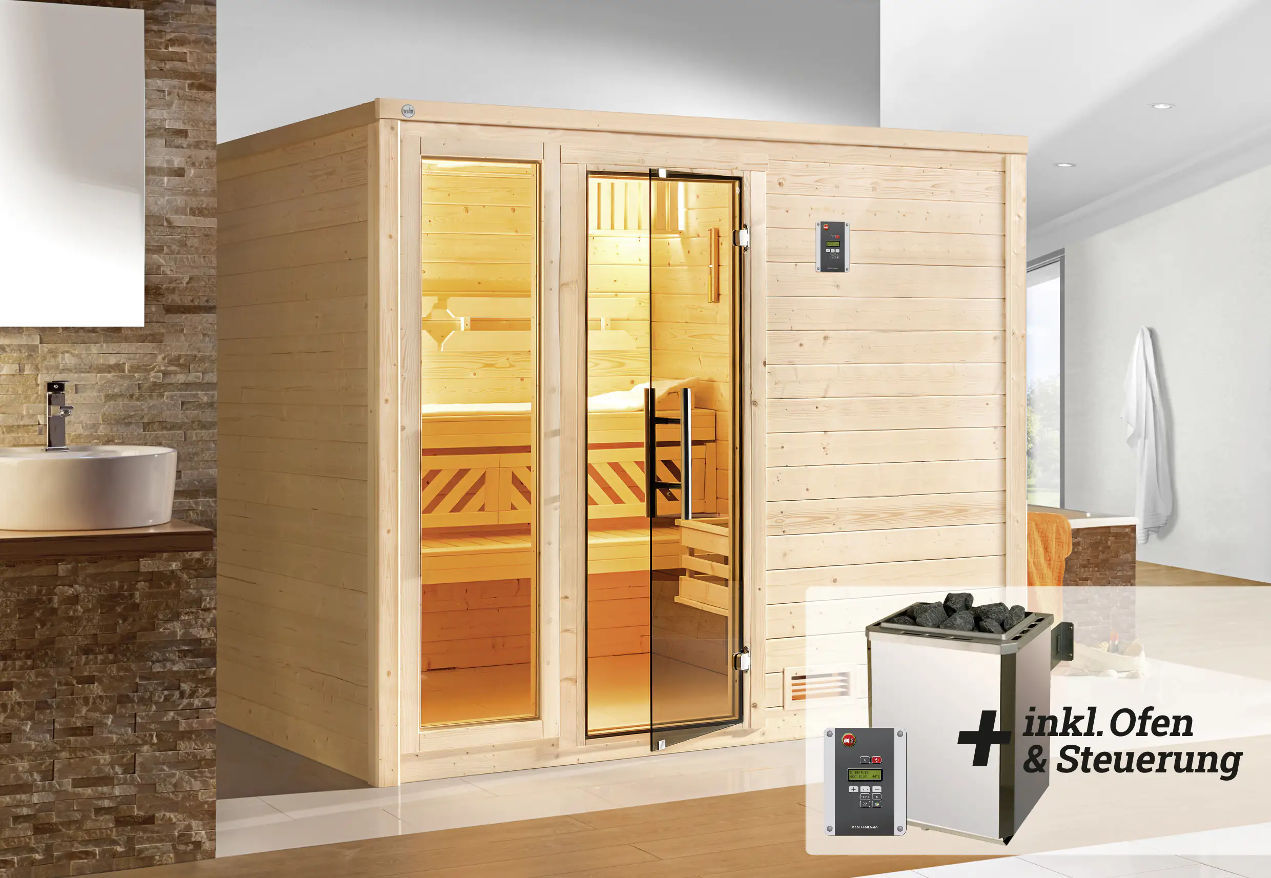 Weka Premium Massivholz-Sauna Bergen Gr. 3 Sparset 7,5 kW OS