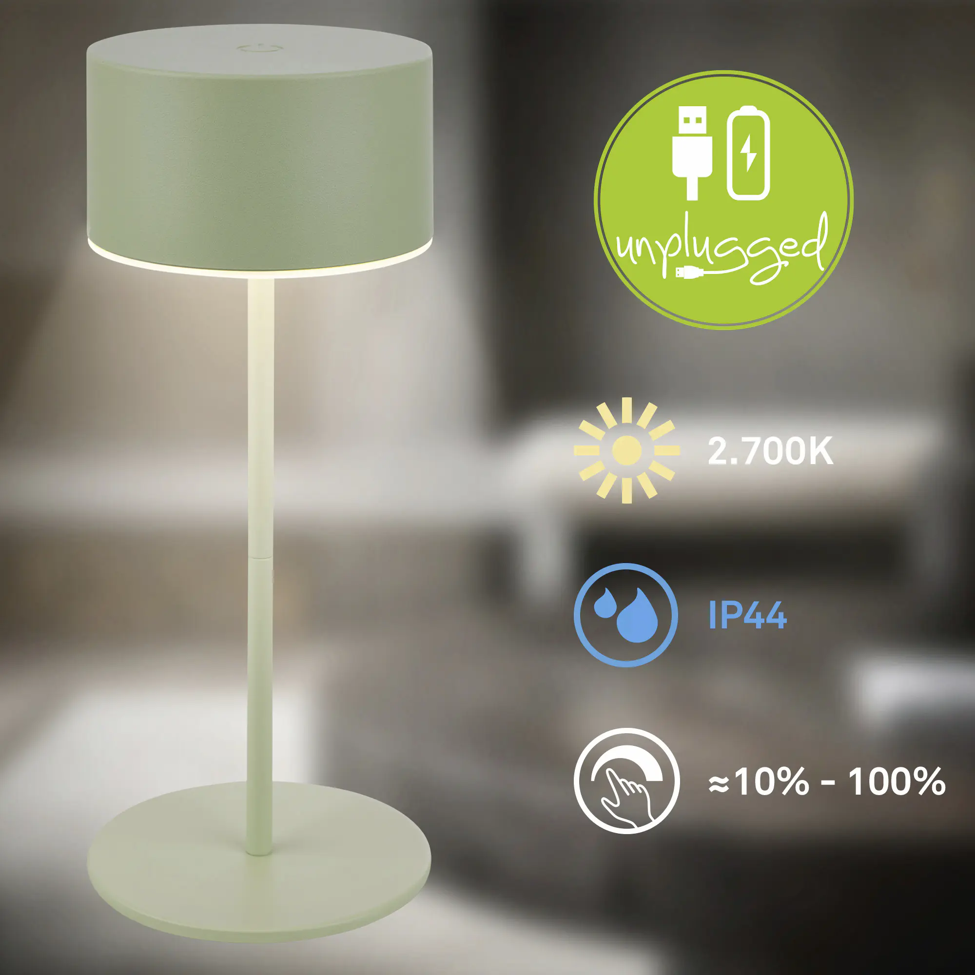 Briloner LED Akku-Tischleuchte Kira Ø 8 x 19 cm warmweiß salbeigrün dimmbar 