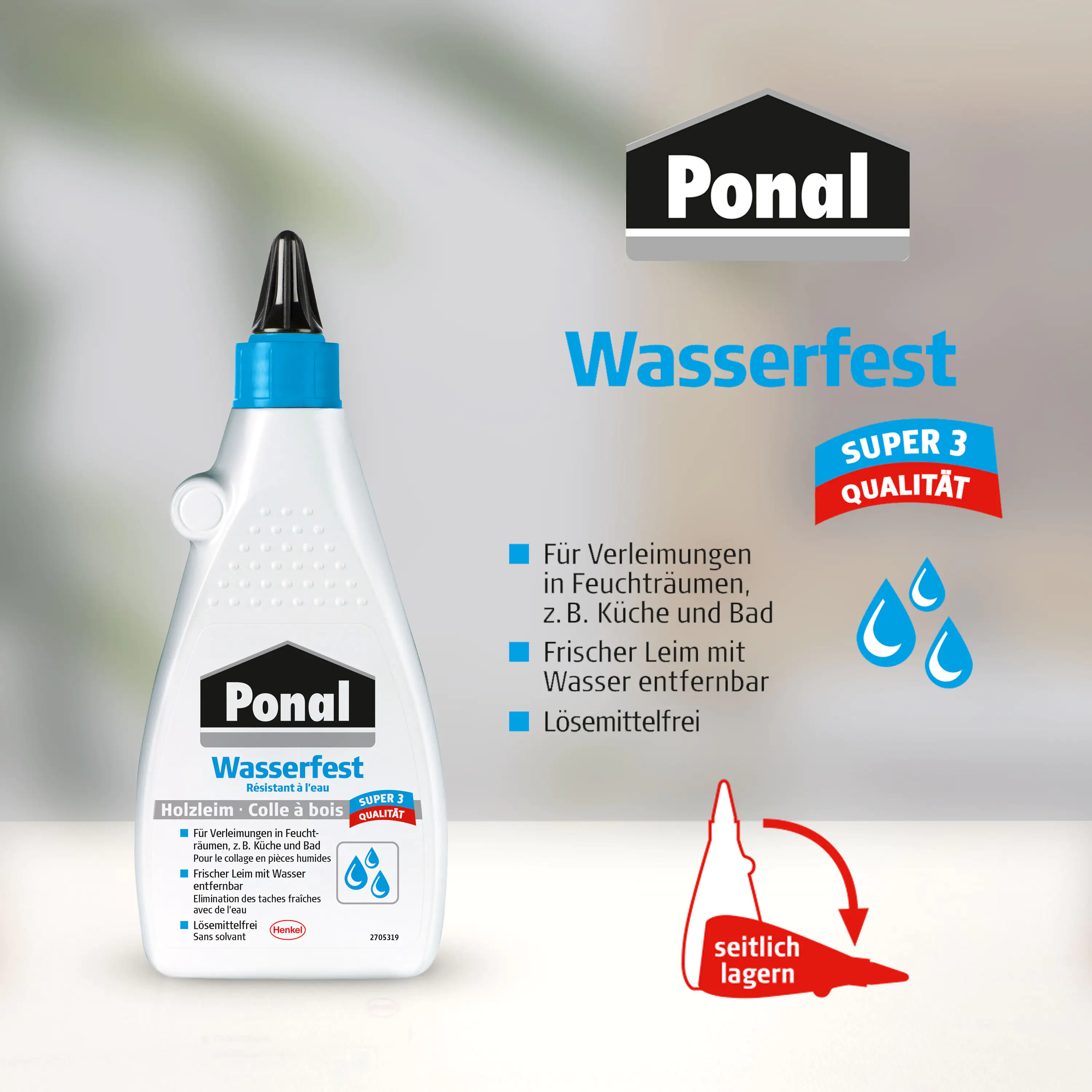 Ponal Holzleim Wasserfest 550 g Flasche, trocknet transparent