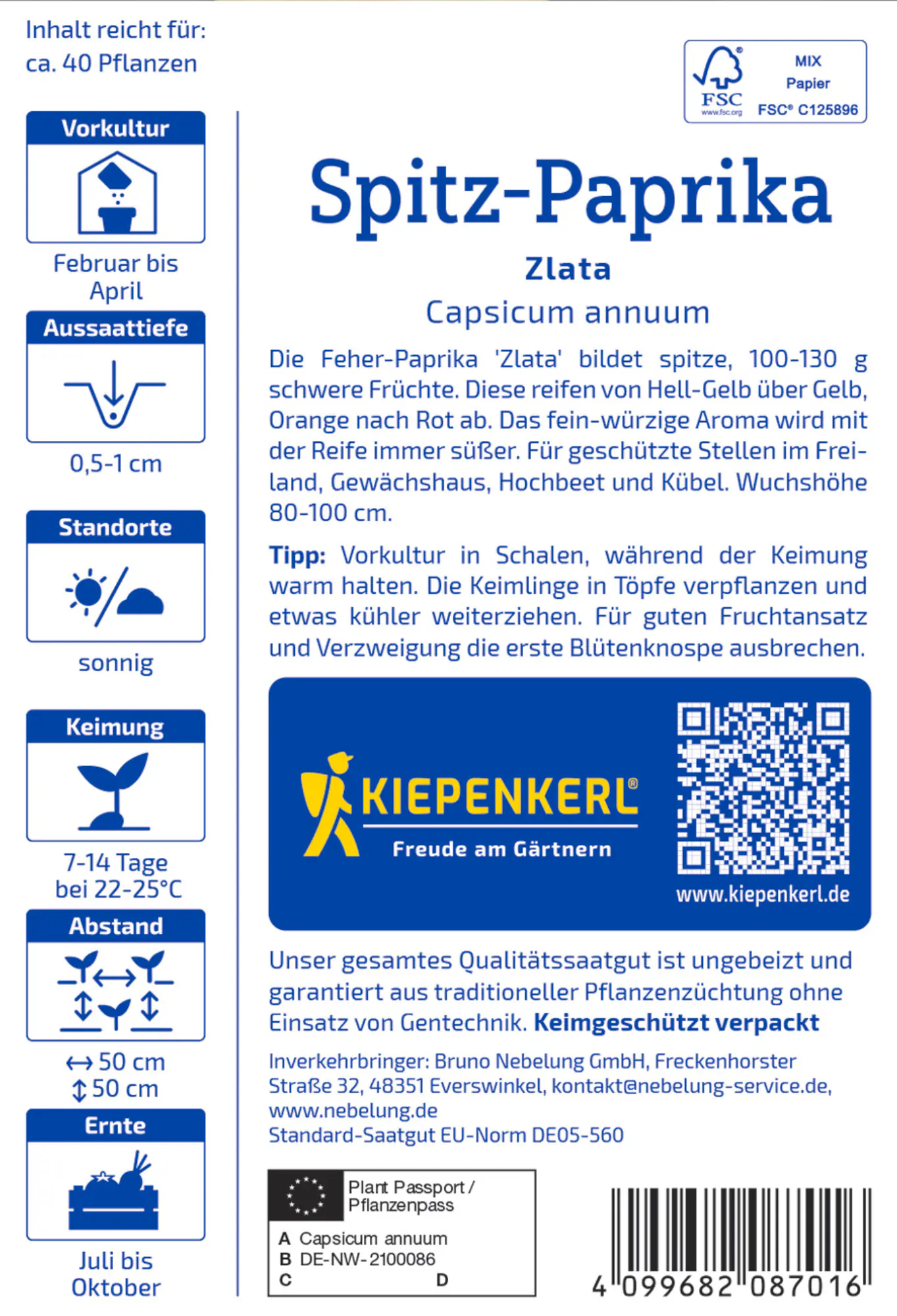 Kiepenkerl Saatgut Spitz-Paprika Zlata für ca. 40 Pflanzen