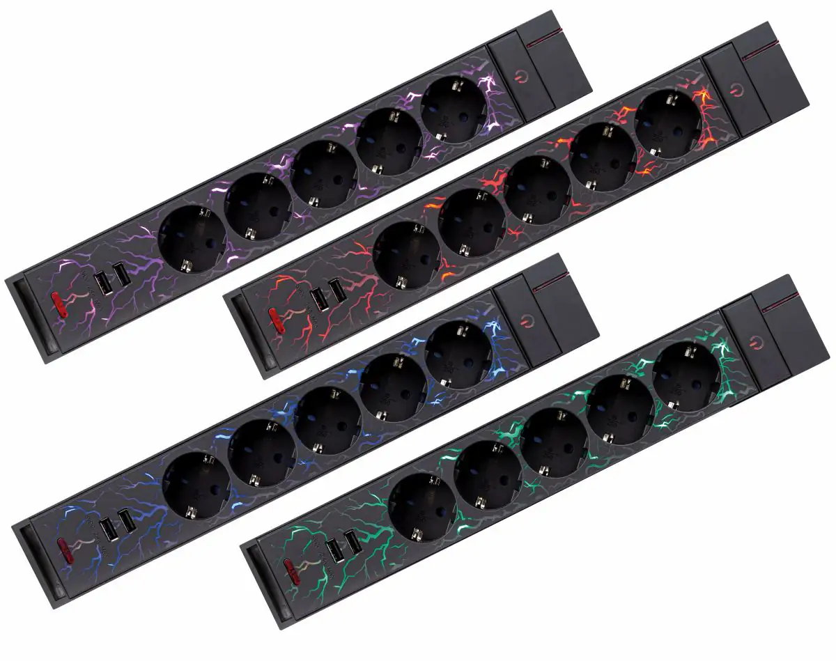 REV Gaming LED Steckdosenleiste 5fach 1,4 m mit 2 USB-Ports, Farbwechsel REV Gaming LED Steckdosenleiste 5fach 1,4 m mit 2 USB-Ports, Farbwechsel