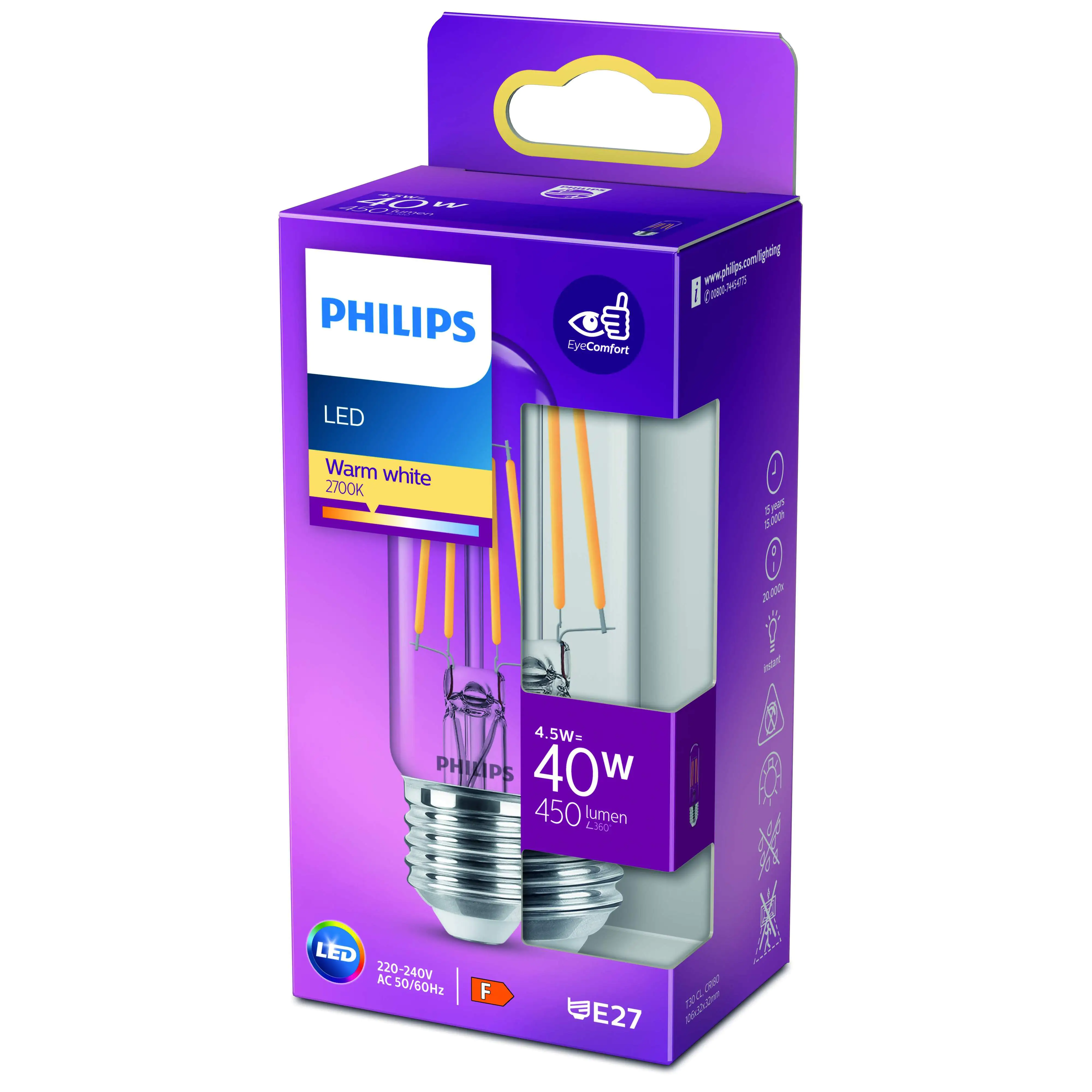 Philips LED-Leuchtmittel Filament Stabform T30 E27 4,5W warmweiß