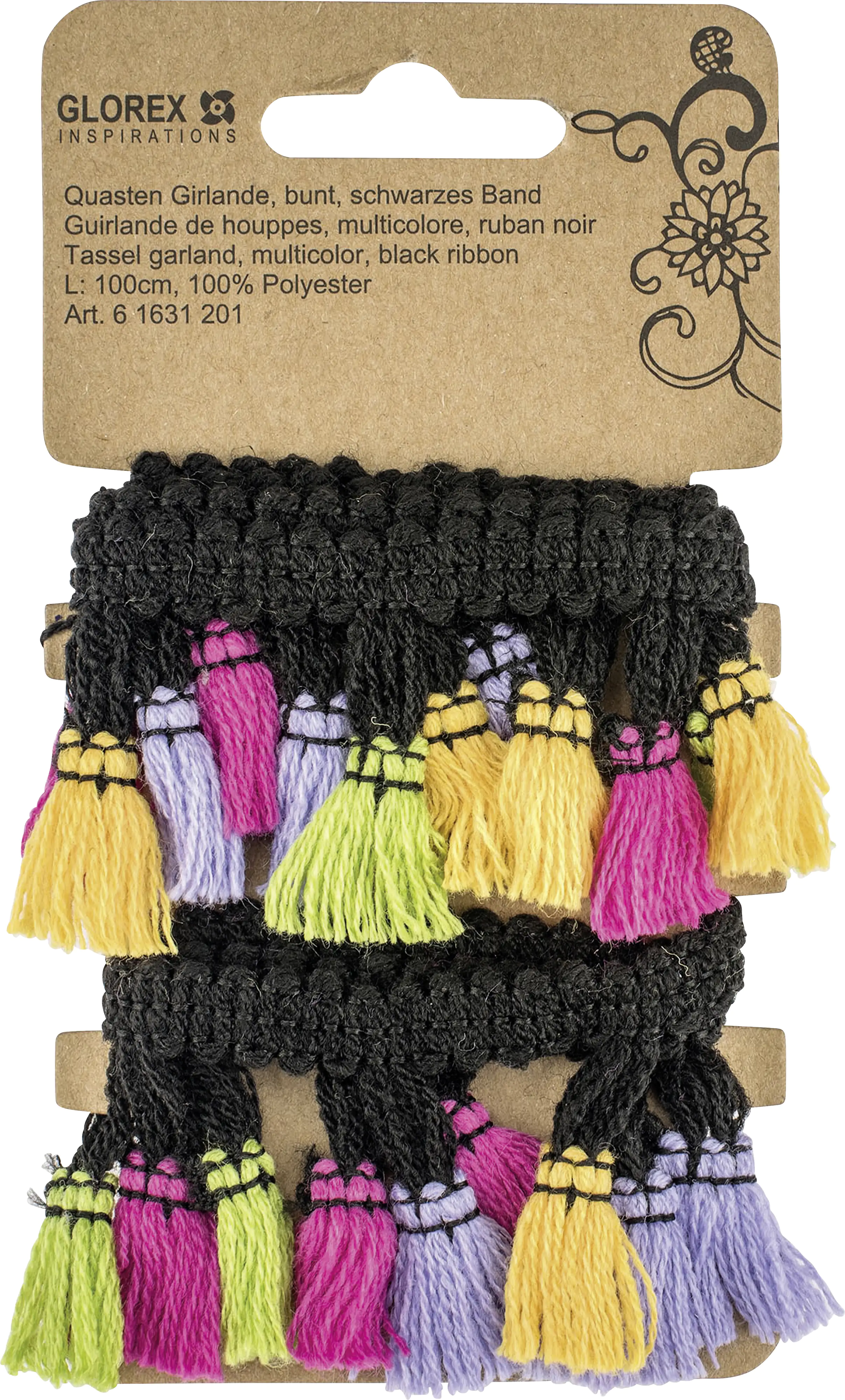Glorex Quasten Girlande bunt 1 m schwarzes Band