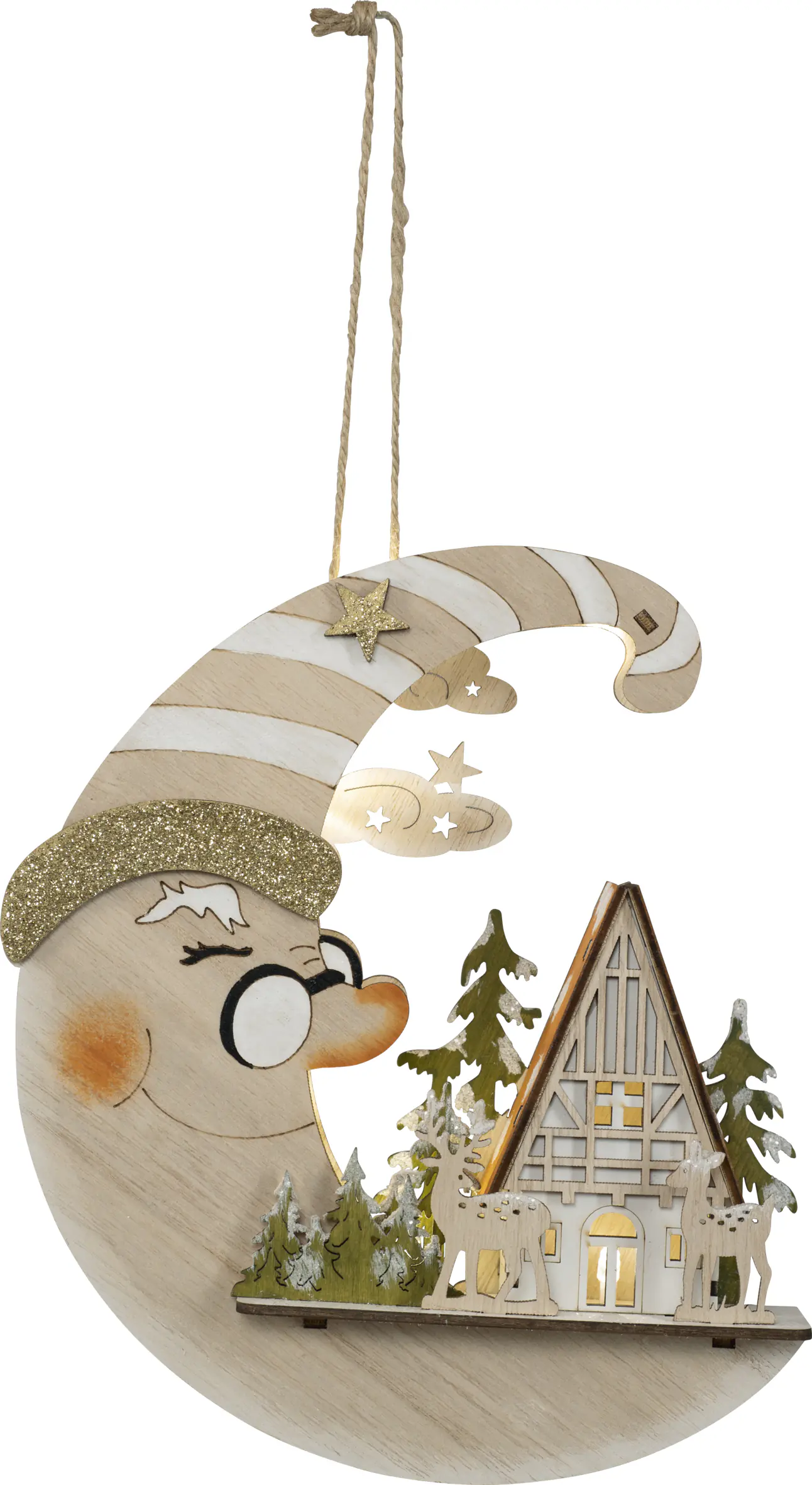 Saico LED-Fensterbild Mond über dem Haus mit Timer batteriebetrieben Holz 21 cm warmweiß natur