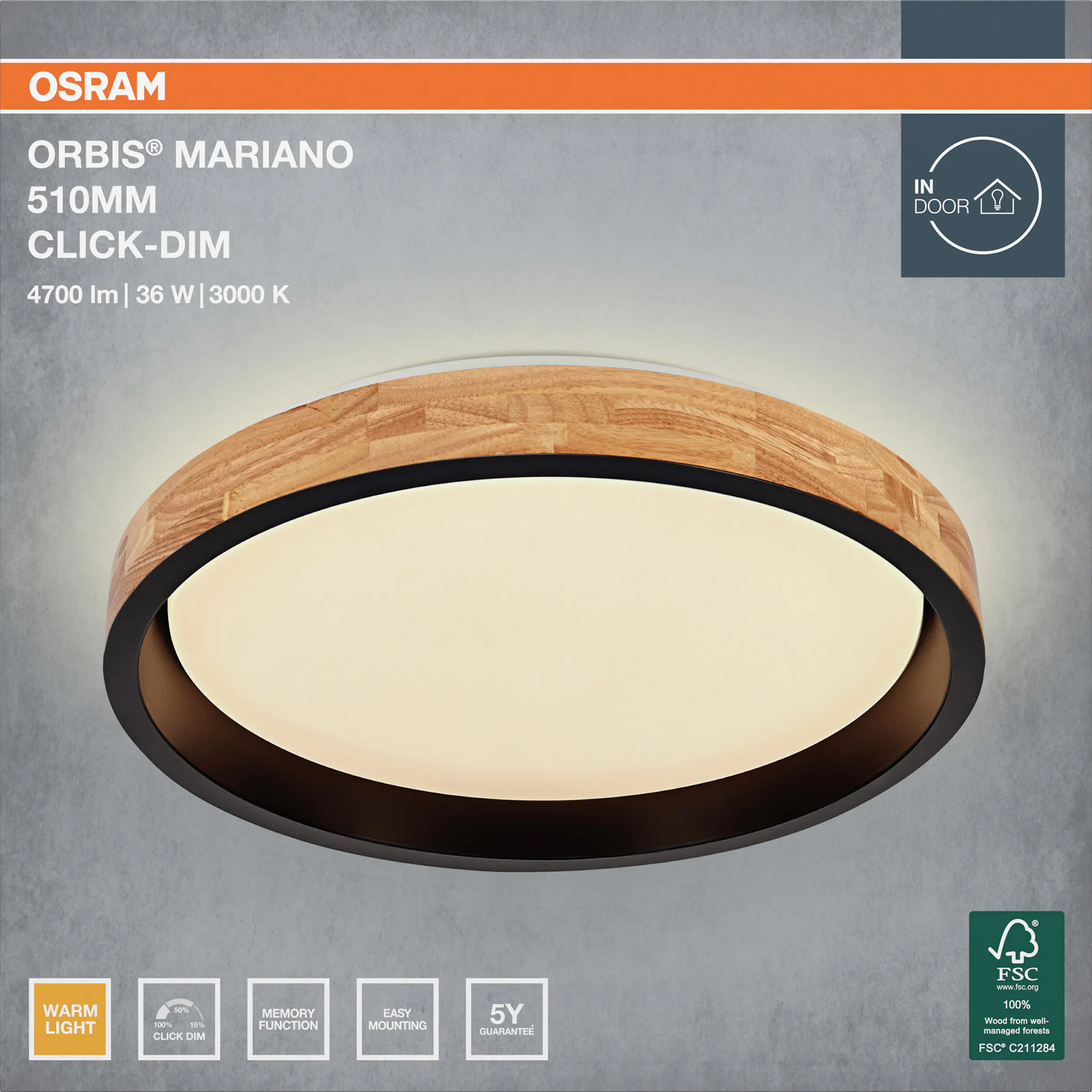 Osram LED-Deckenleuchte Orbis Mariano Ø51 cm 36 W Holzdekor schwarz dimmbar