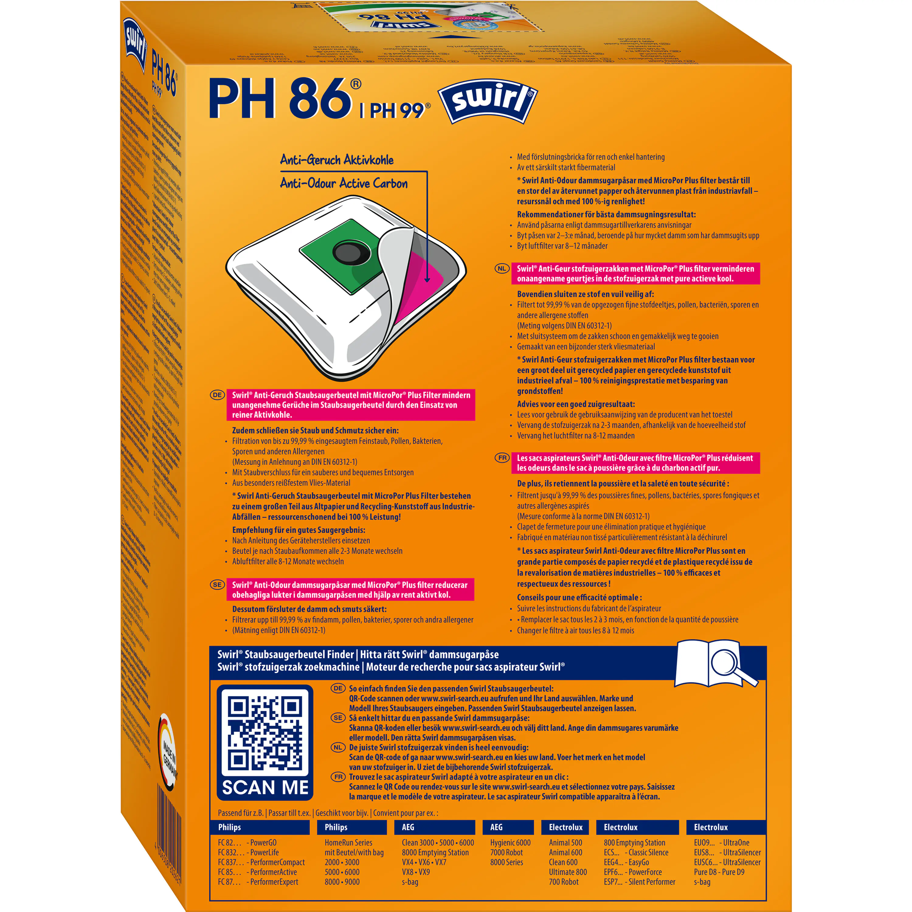 Swirl PH 86 / PH 99 EcoPor Anti-Geruch Staubsaugerbeutel 4 Staubbeutel + 1 Filter