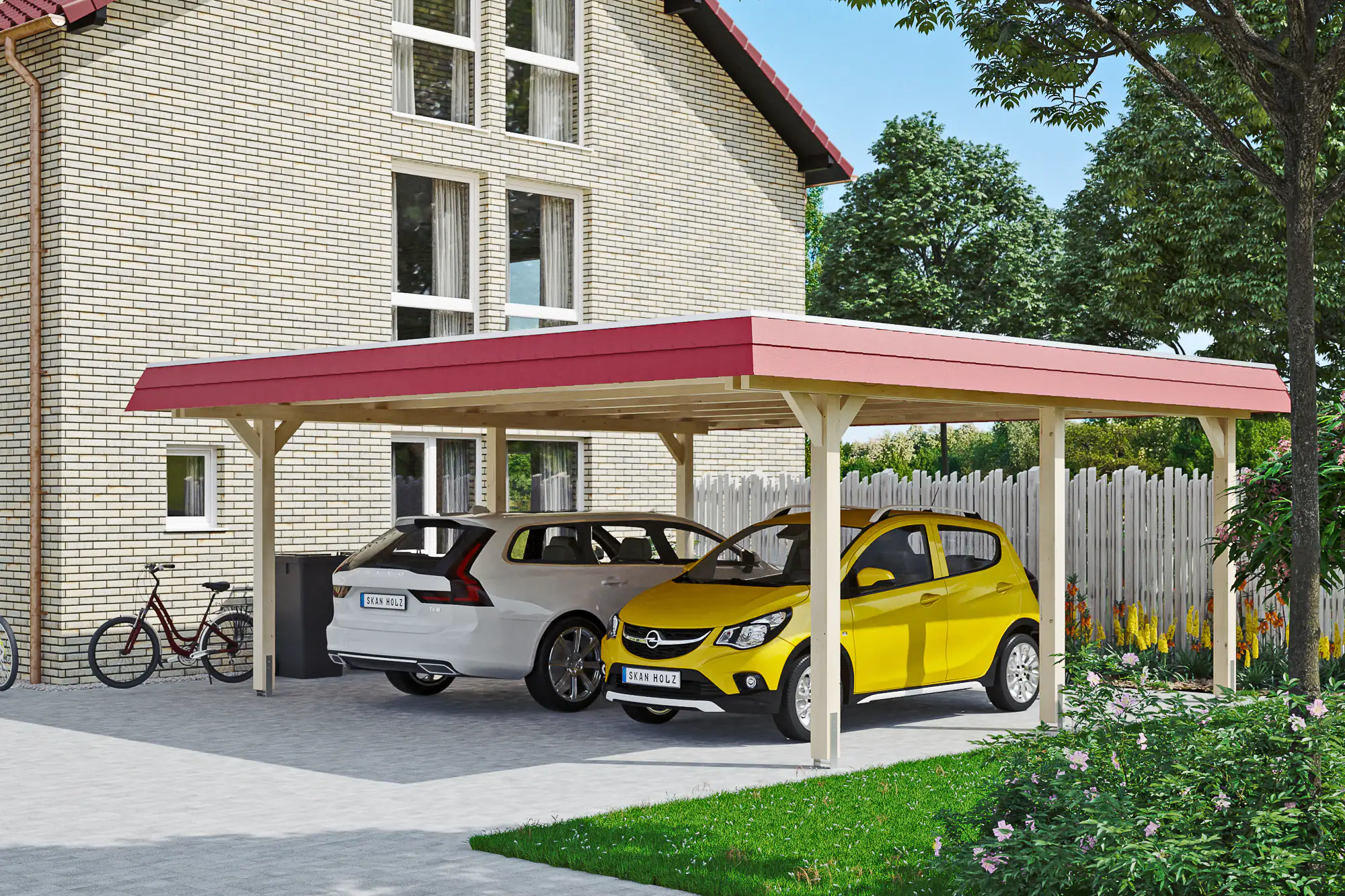 SKAN HOLZ Carport Wendland 630 x 637 cm mit EPDM-Dach, rote Blende