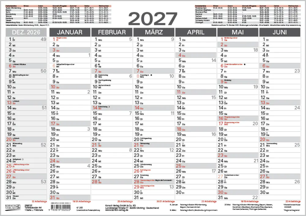 Korsch Tafelkalender 2027 A4