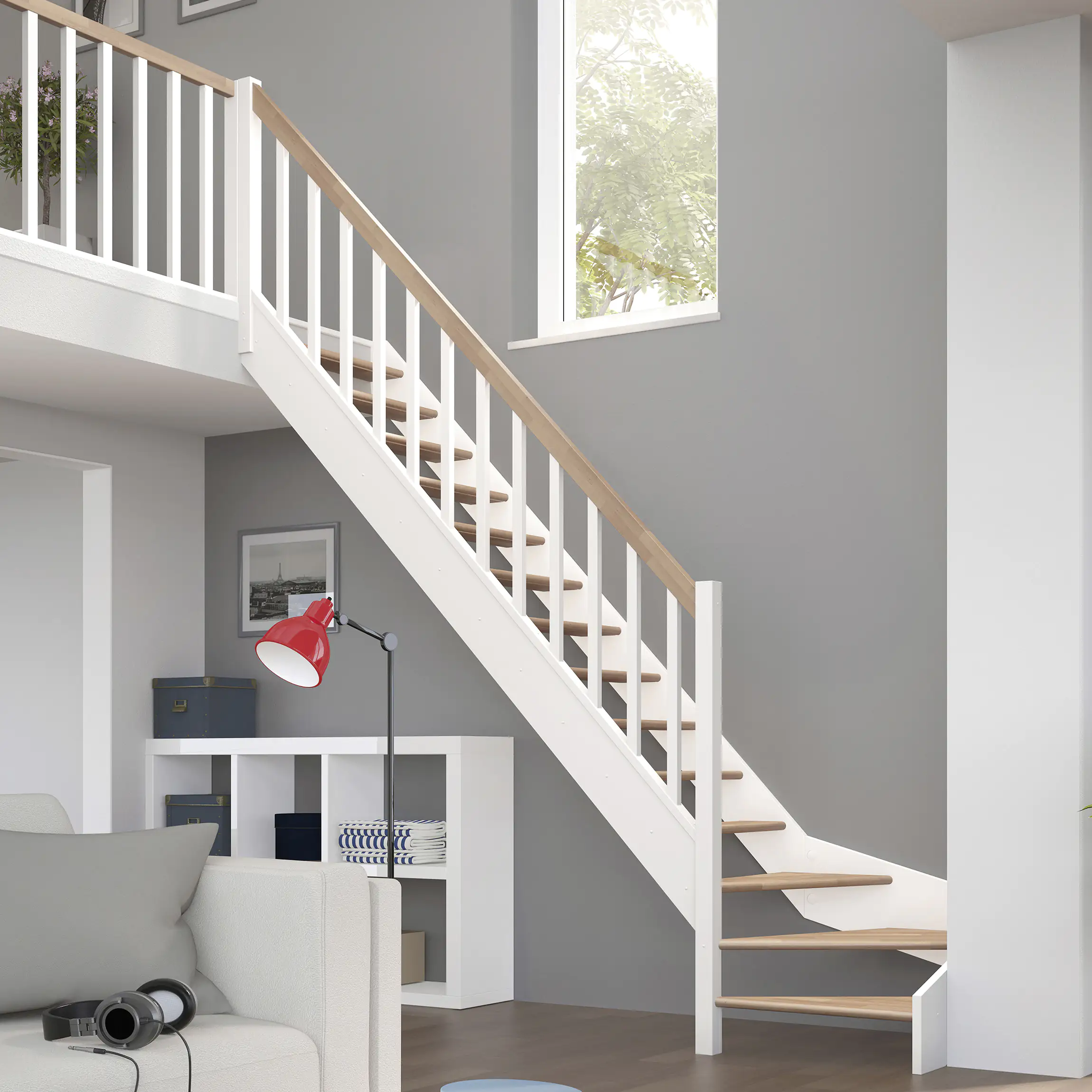 Dolle Raumspartreppen Paris 1/4-gew. Buche weiß inkl. Geländer