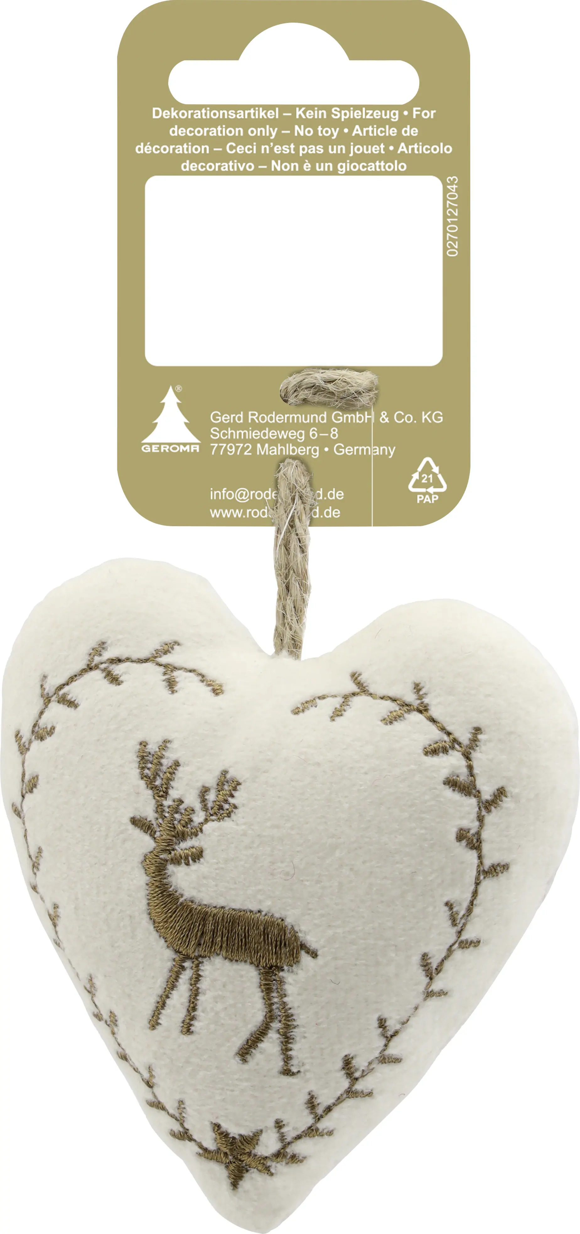 Weihnachtsanhänger Herz aus Stoff 8,5 x 8 cm beige