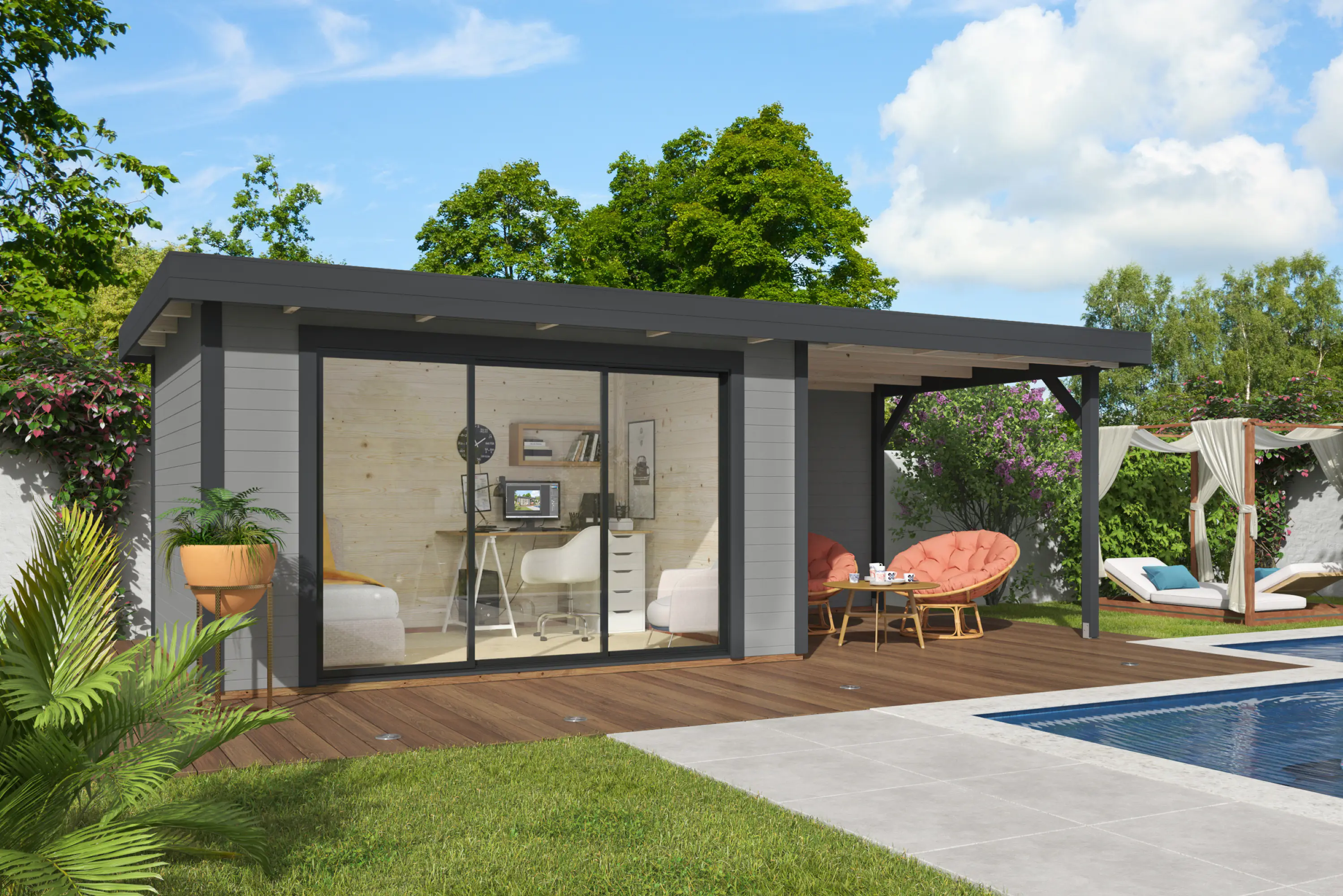 Palmako Gartenhaus Lydia 663 x 291 cm mit Glasschiebetüren grau lackiert