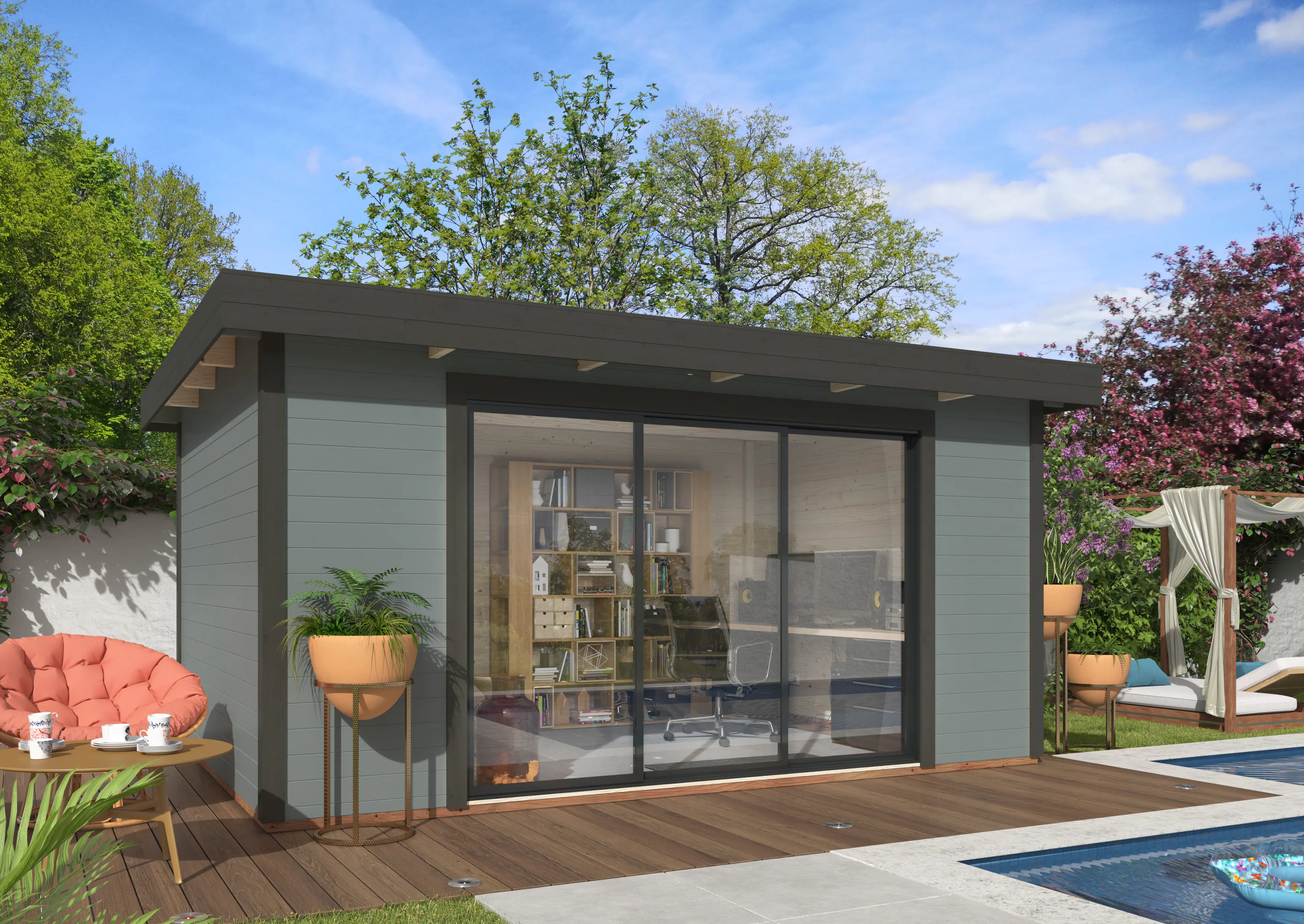 Palmako Gartenhaus Lydia 450 x 330 cm mit Glasschiebetüren grau lackiert