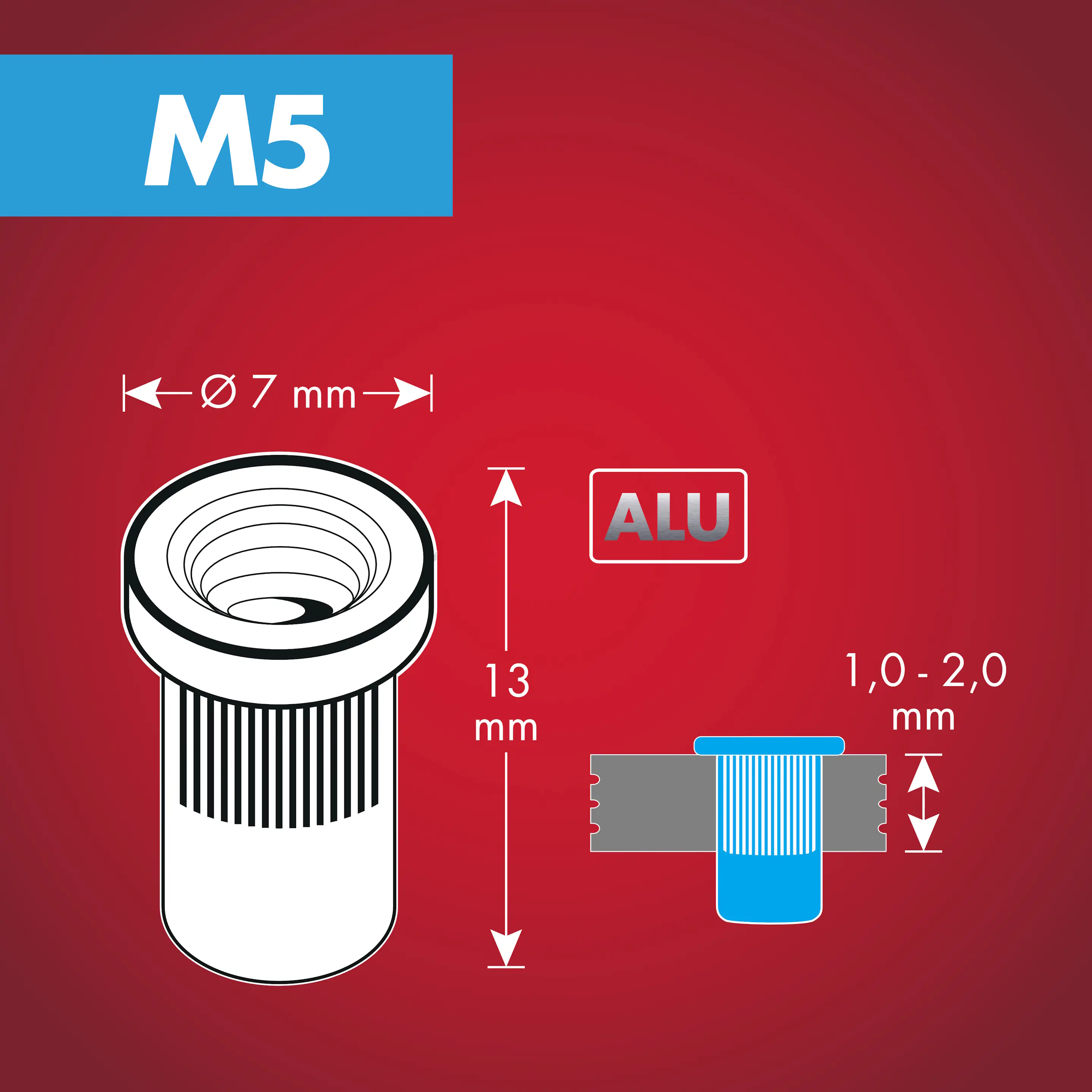 Arrow Blindnietmutter Typ M5 Ø 7 x 13 mm mit M5 Gewinde Aluminium 50 Stück