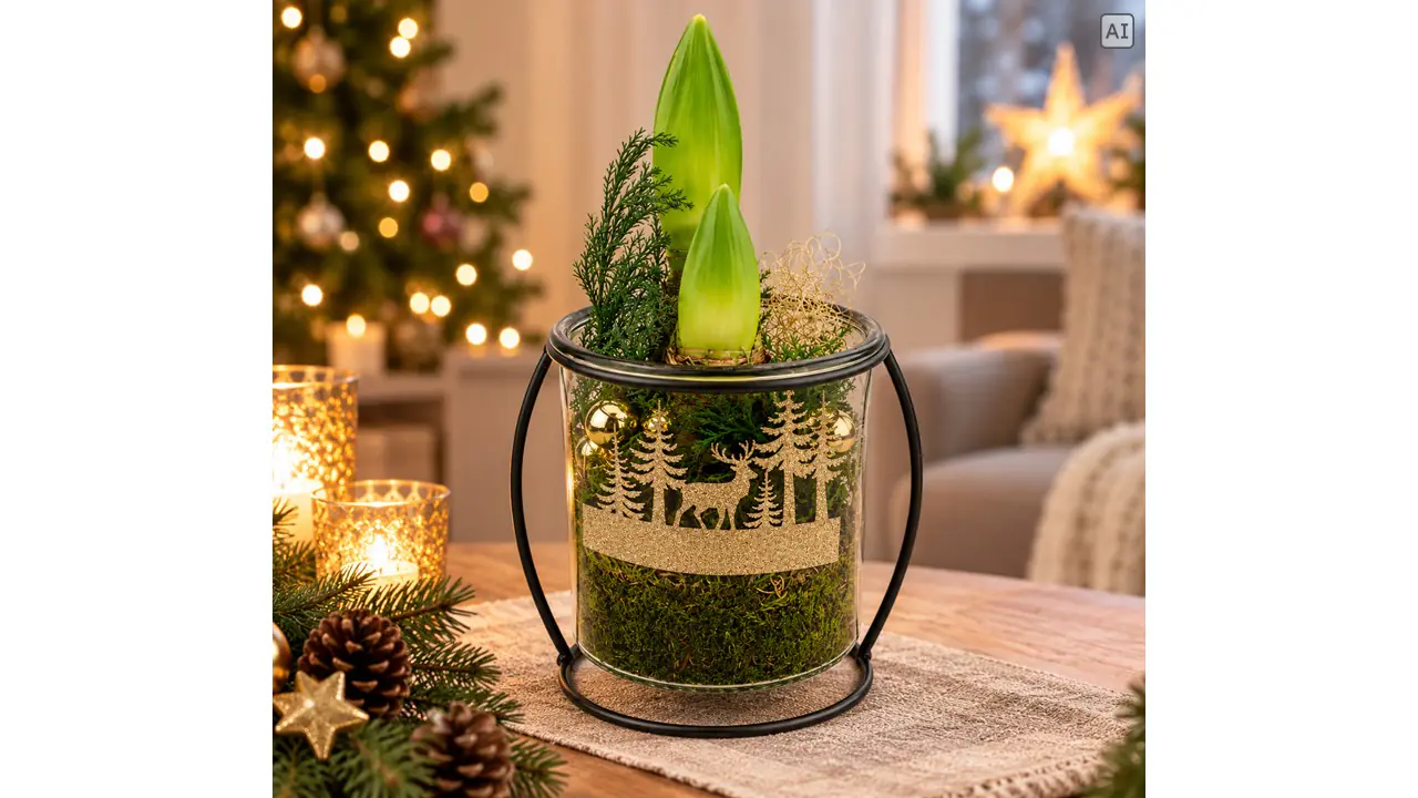 Weihnachtliches Arrangement Rillenglas bepflanzt