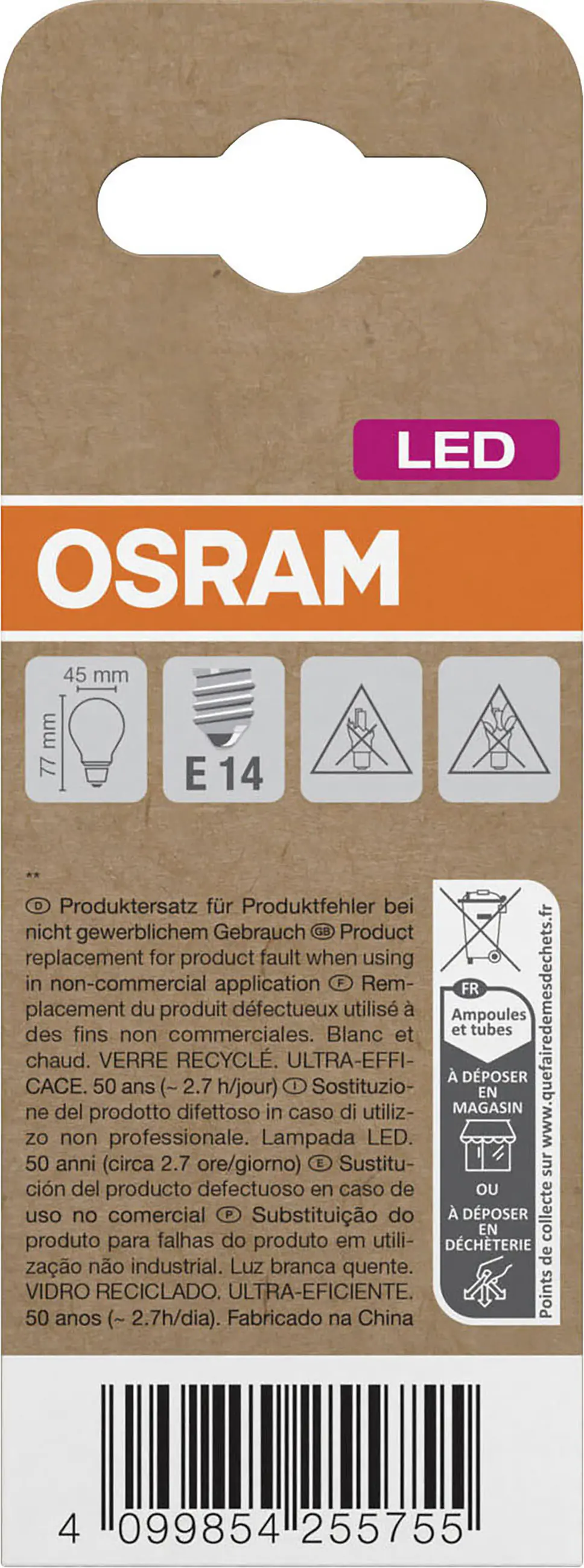 Osram LED Leuchtmittel Classic E14 P40 8 x 4,5 cm warmweiß