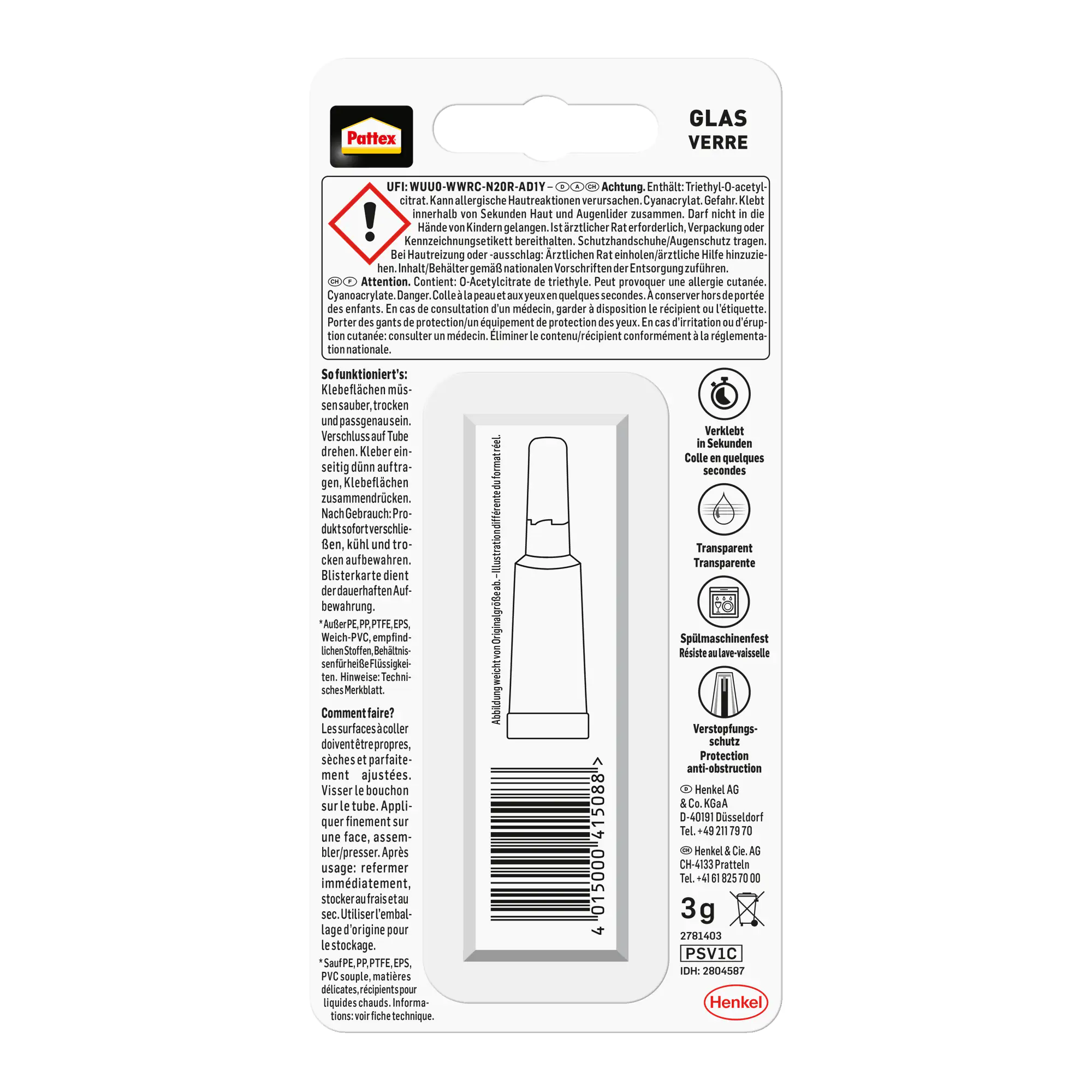 Pattex Sekundenkleber Glas Flüssig 3 g Tube, trocknet transparent