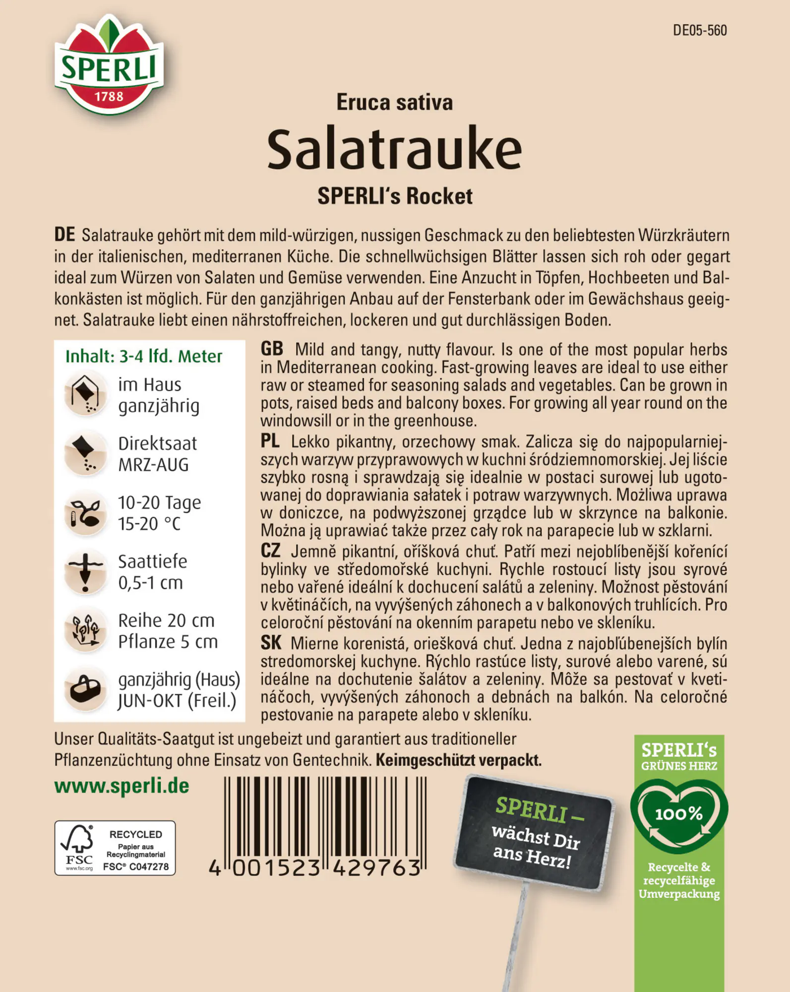 Sperli Saatgut Salatrauke Rocket für bis zu 3-4 lfd. Meter