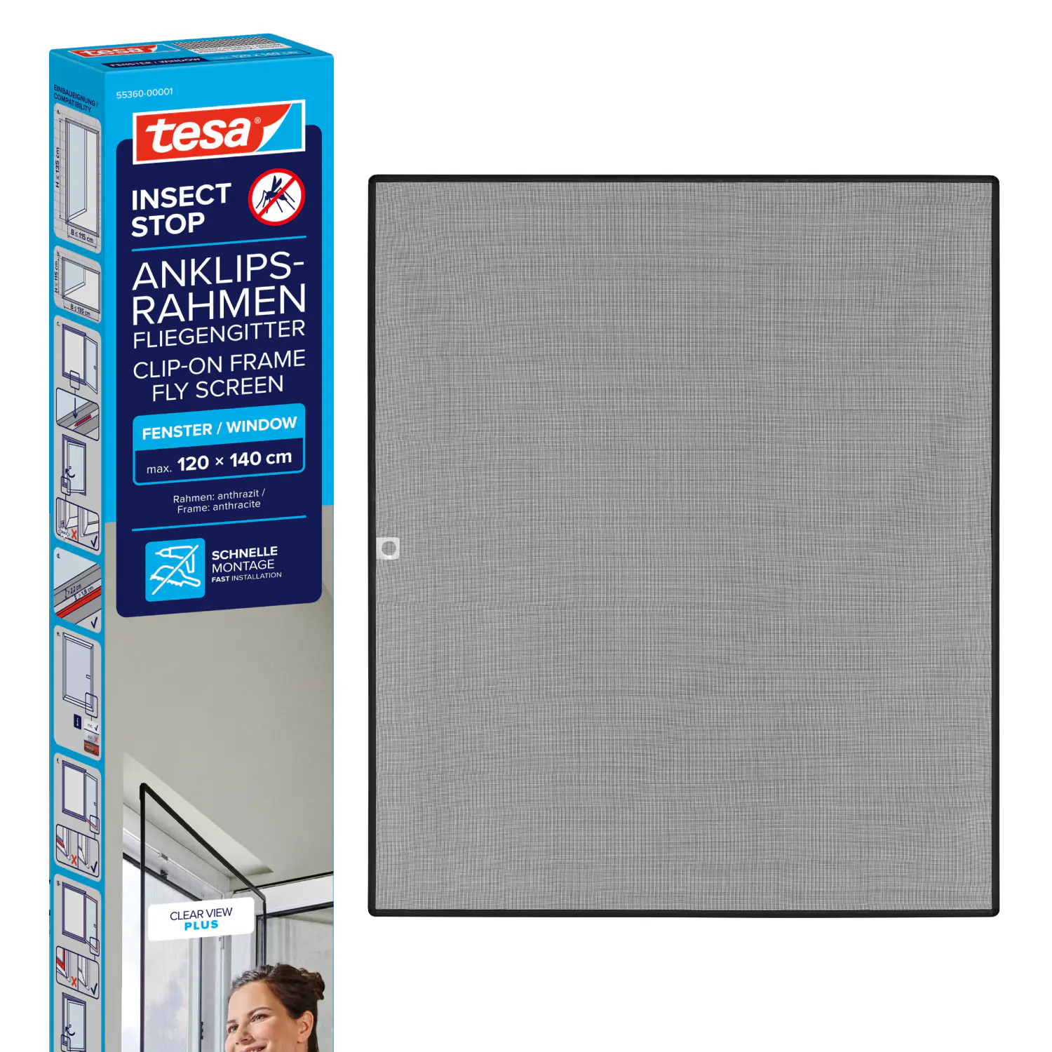 tesa Anklipsrahmen Fliegengitter 120 x 140 cm anthrazit