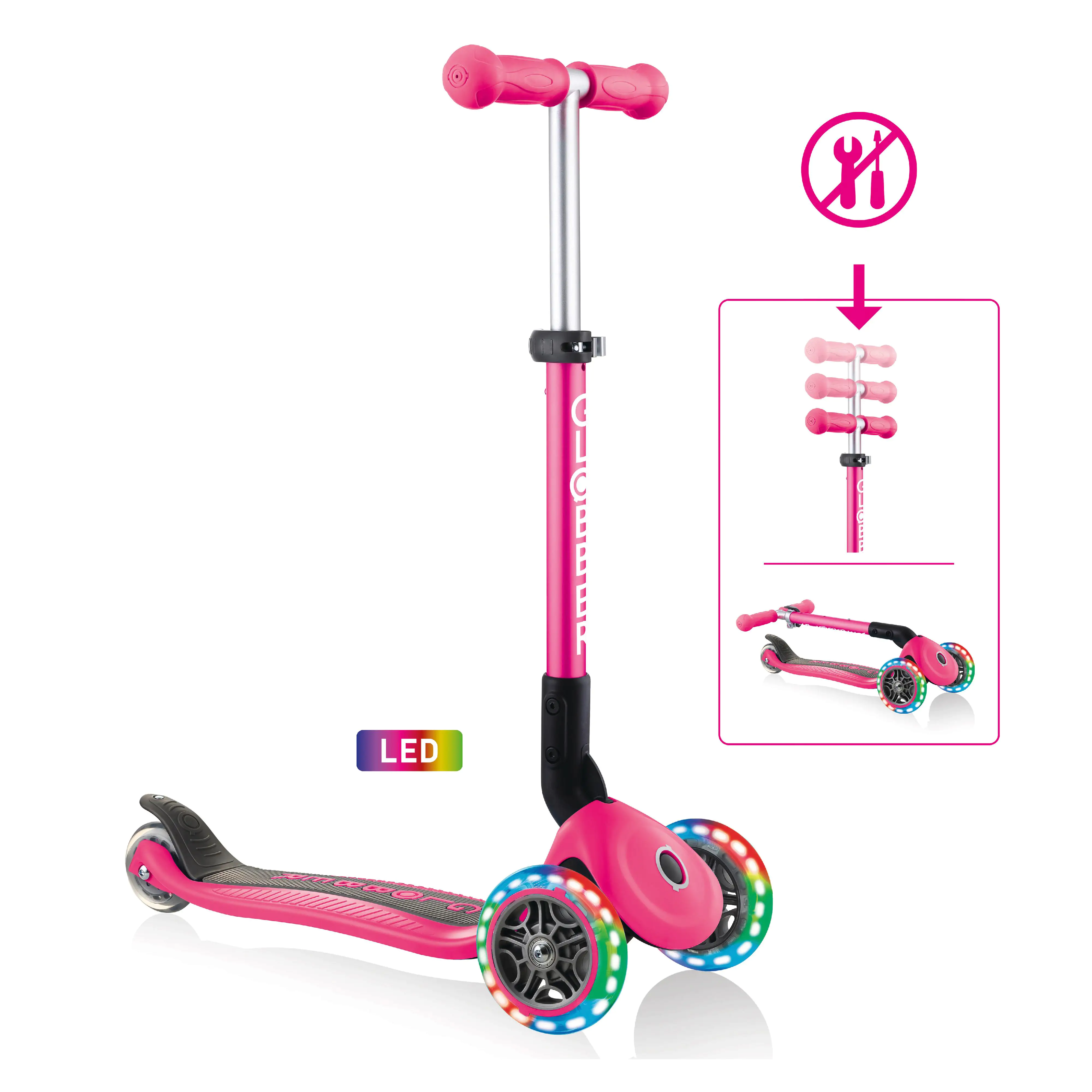 Globber Scooter Junior Foldable Lights fuchsia pink mit Leuchtrollen
