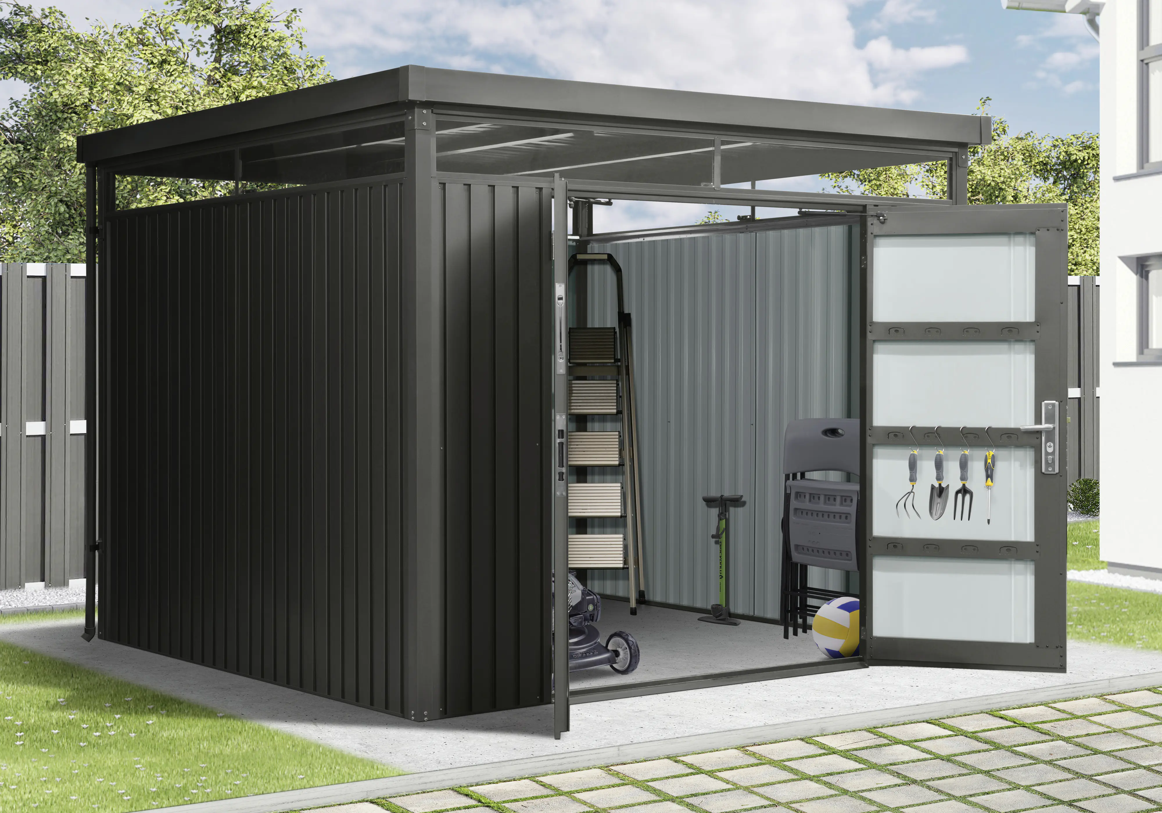 Floraworld Gerätehaus Premium Q7,5 FirstLine schwarz-mettalic 274 x 274 x 218 cm