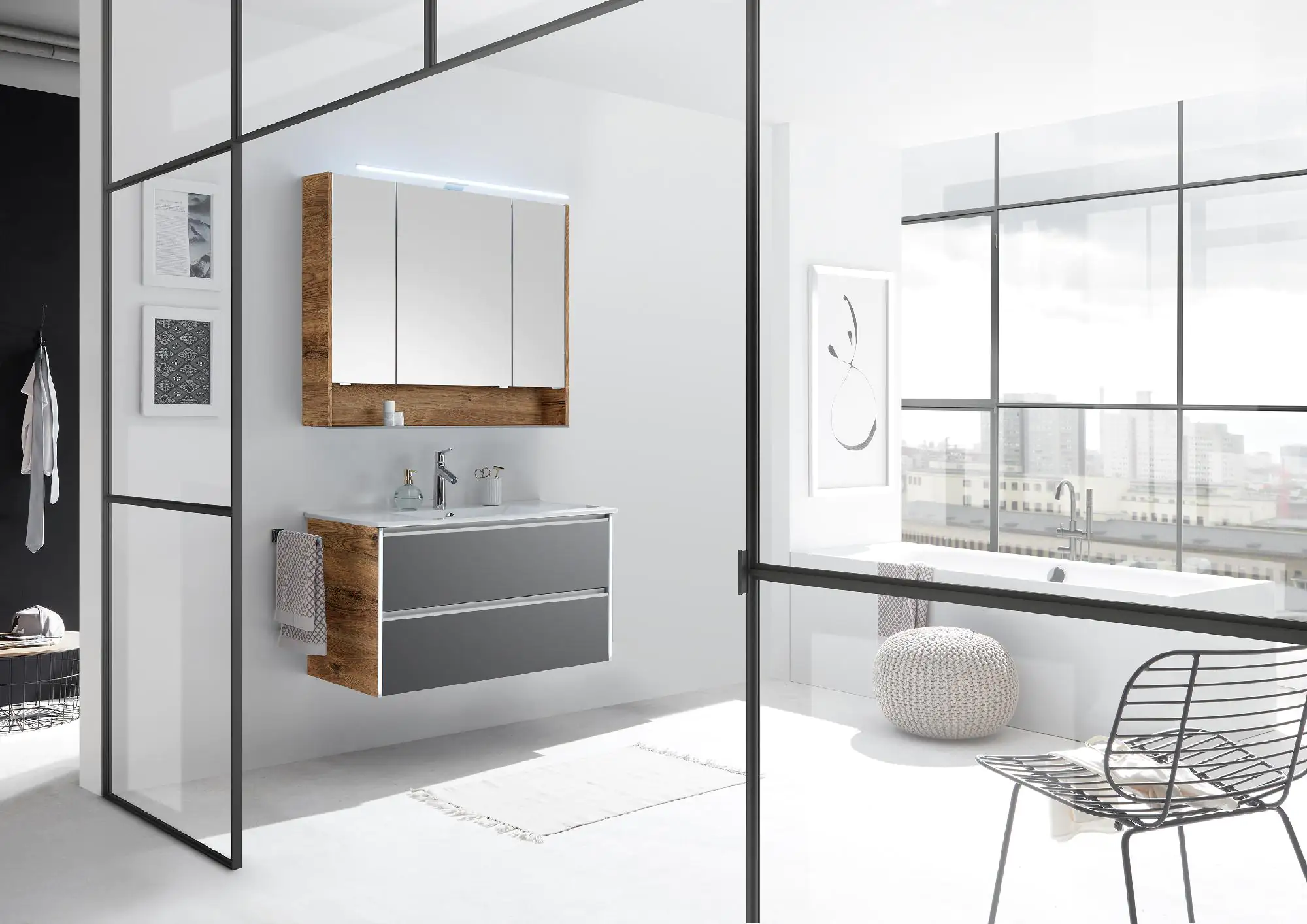 Pelipal Badmöbel-Set 6040 Stahlgrau/Eiche Ribbeck mit Keramik-Waschtisch + LED-Aufsatzleuchte 101 cm