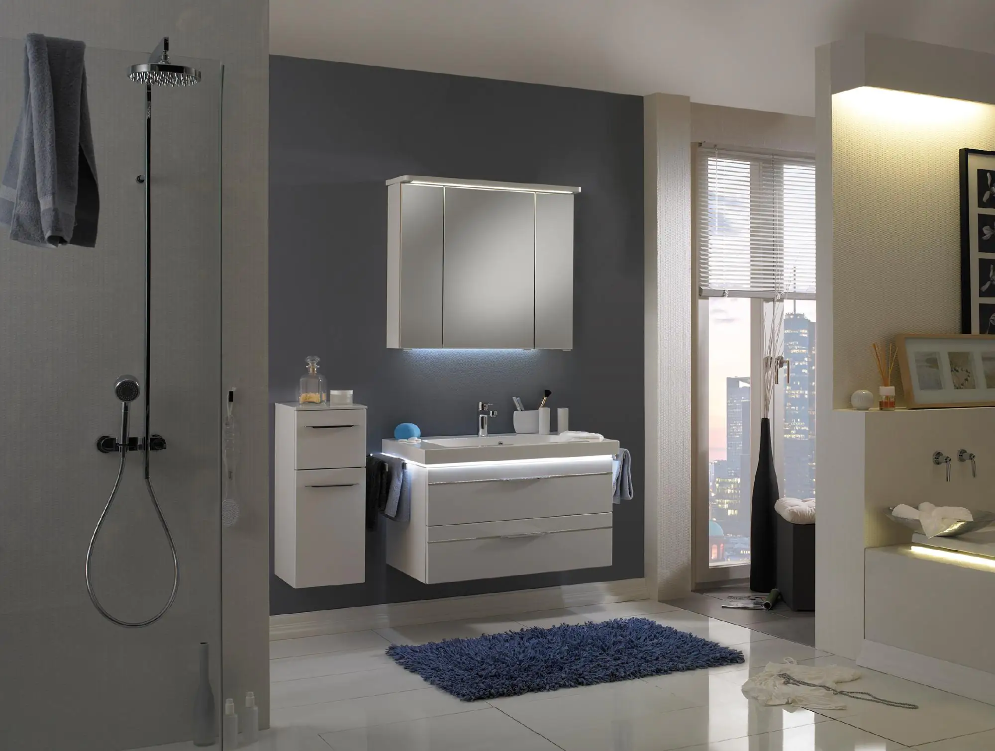 Pelipal Badmöbel-Set Balto Weiß Hgl/Weiß Glanz mit Leuchtfuge + Unterschrank 122 cm