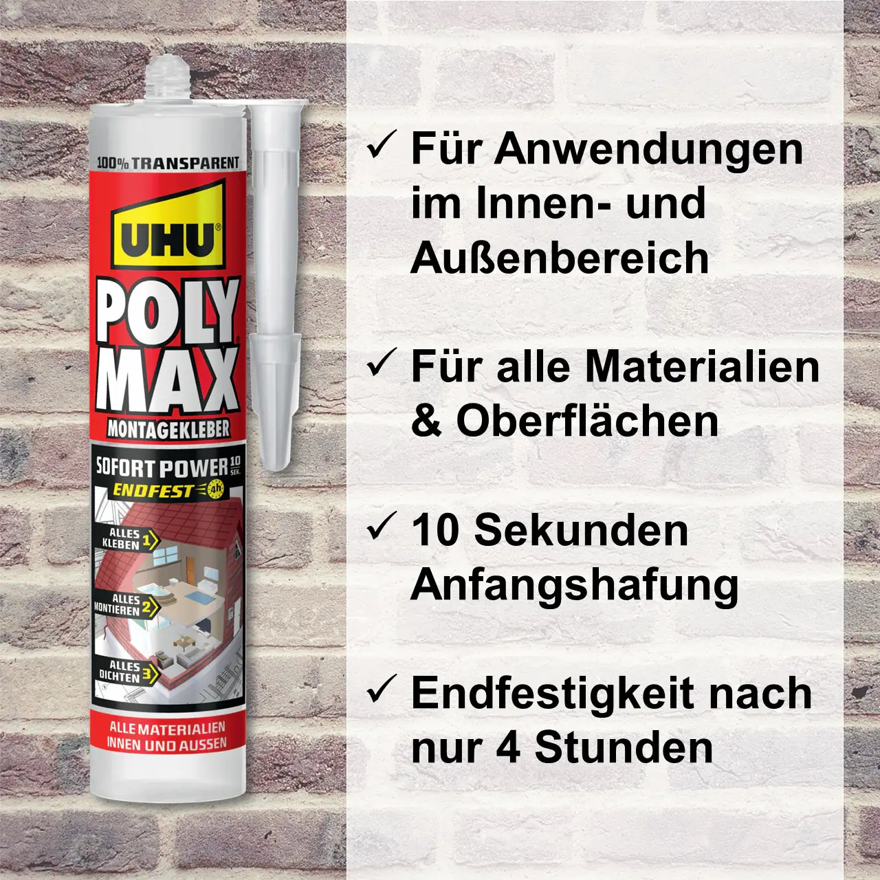 UHU Poly Max Montagkleber Sofort Power 300g 10 Sekunden, transparent, Kartusche, 300g