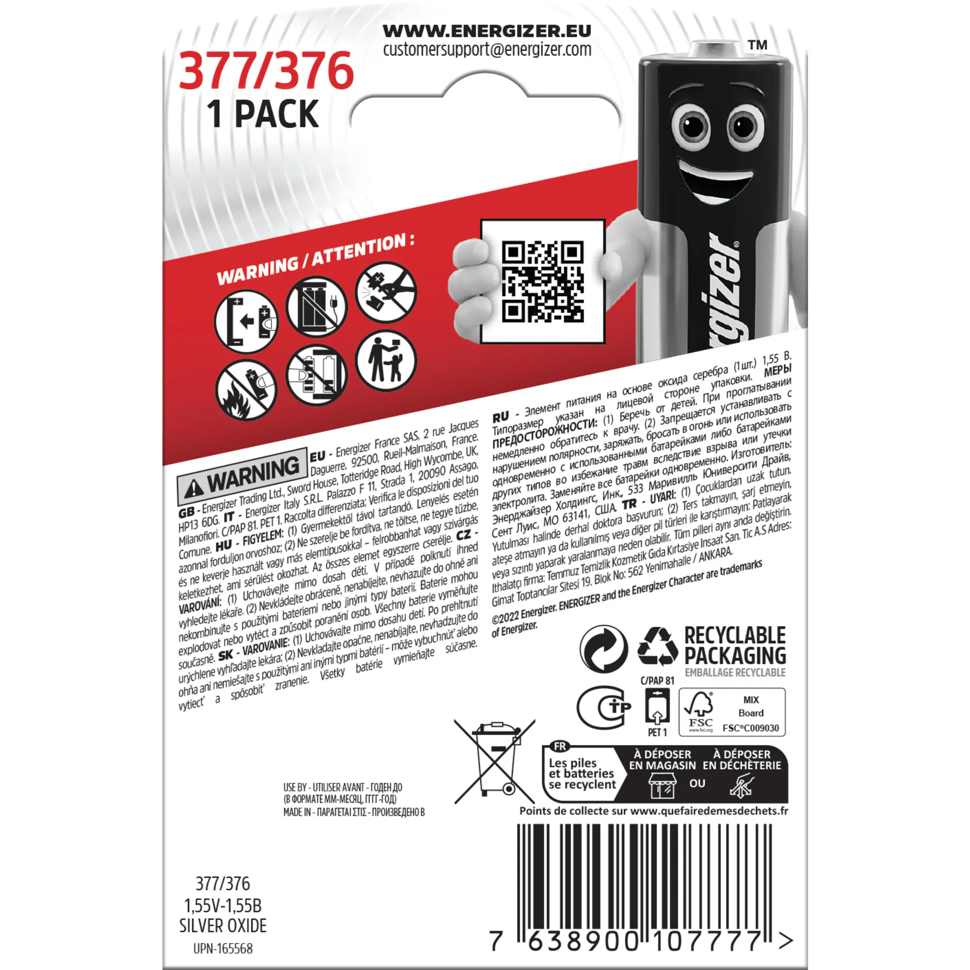 Energizer Knopfzelle 377/376 Silver Oxide, 1,55 V