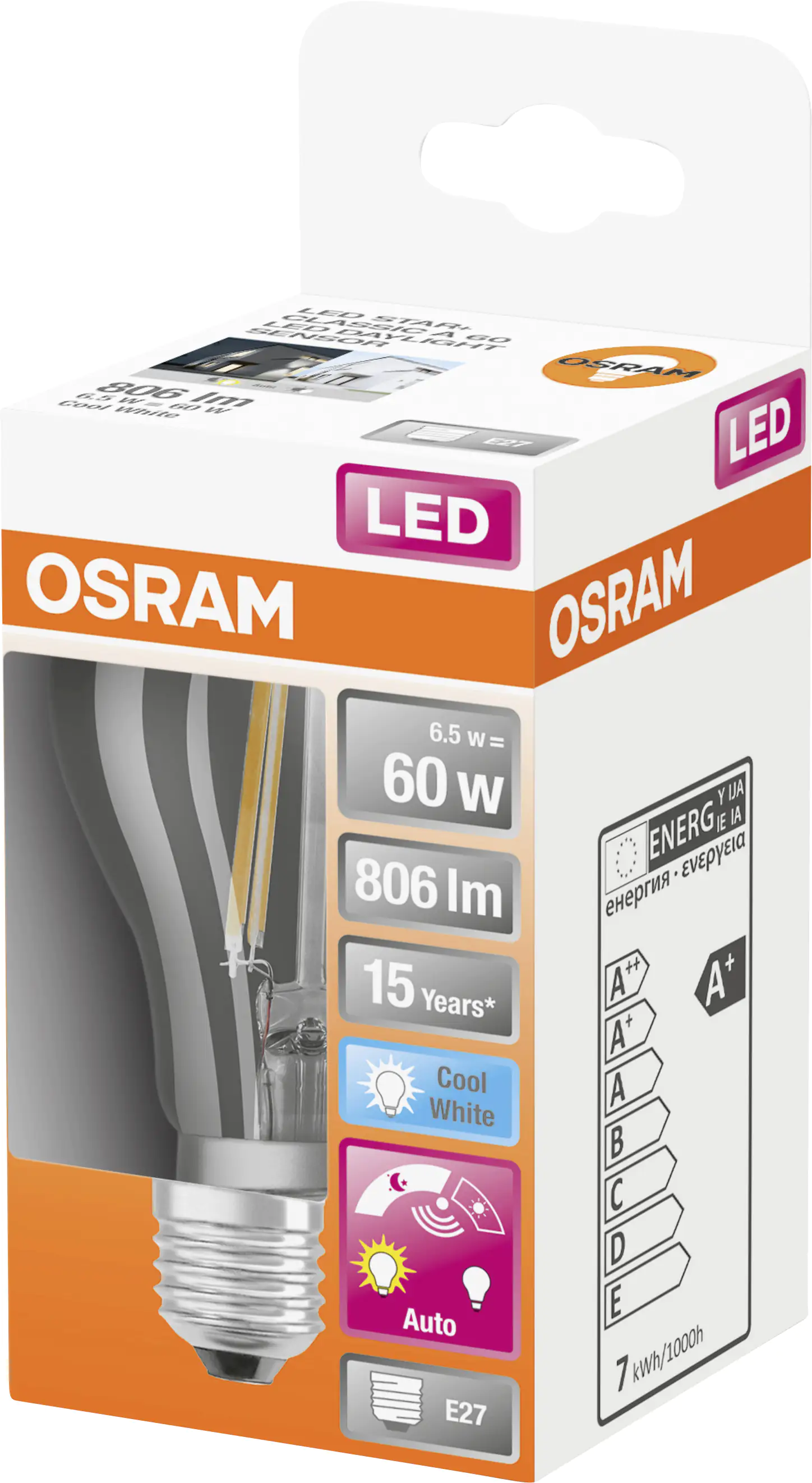 Osram LED Leuchtmittel Daylight Sensor Classic A E27 6,5 W klar