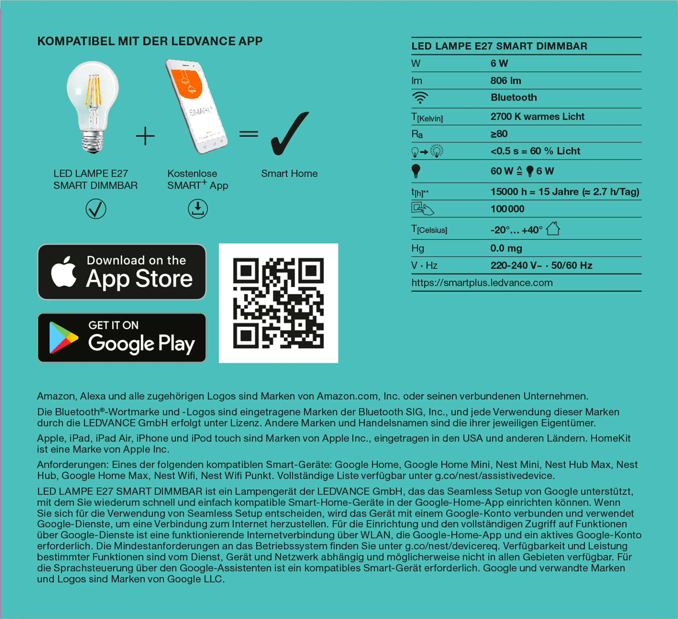 Ledvance Smart+ LED Leuchtmittel E27 Filament 6 W